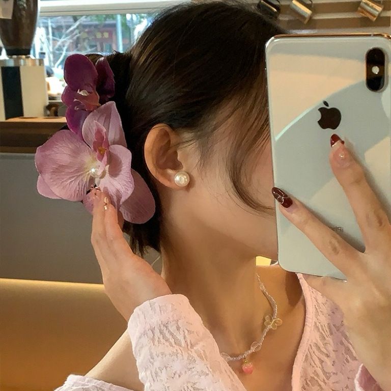 Large Flower Hair Clips 2Pcs Purple Orchid Hair Claw for Teens Women Hawaiian view 4