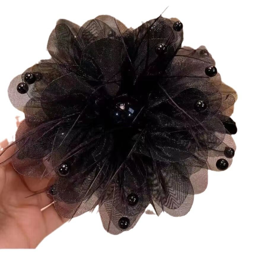 Craft Chiffon Flowers Ribbon Bows W/Beads Appliques Wedding Decor (Black)-Silk