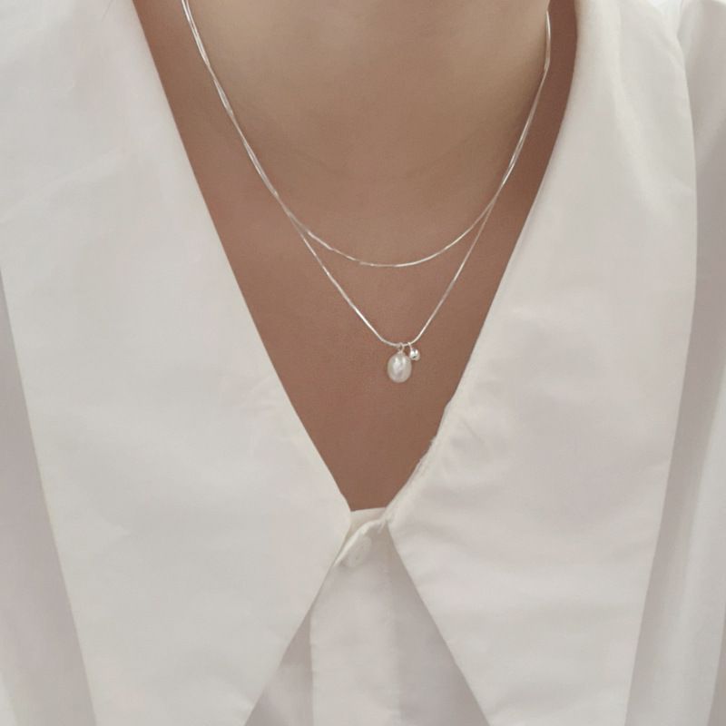 Nearawing Elegant Pearl Necklace for Women -White Gold Chain Layered Necklace view 3