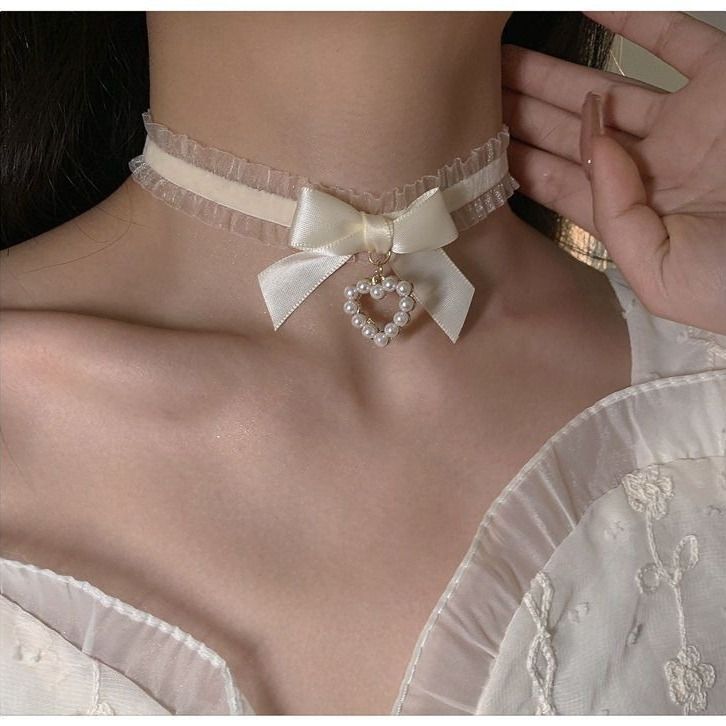 2PCS Lace Choker Collar Necklace Bow Bell Collar Gauze Necklace for Women and view 3