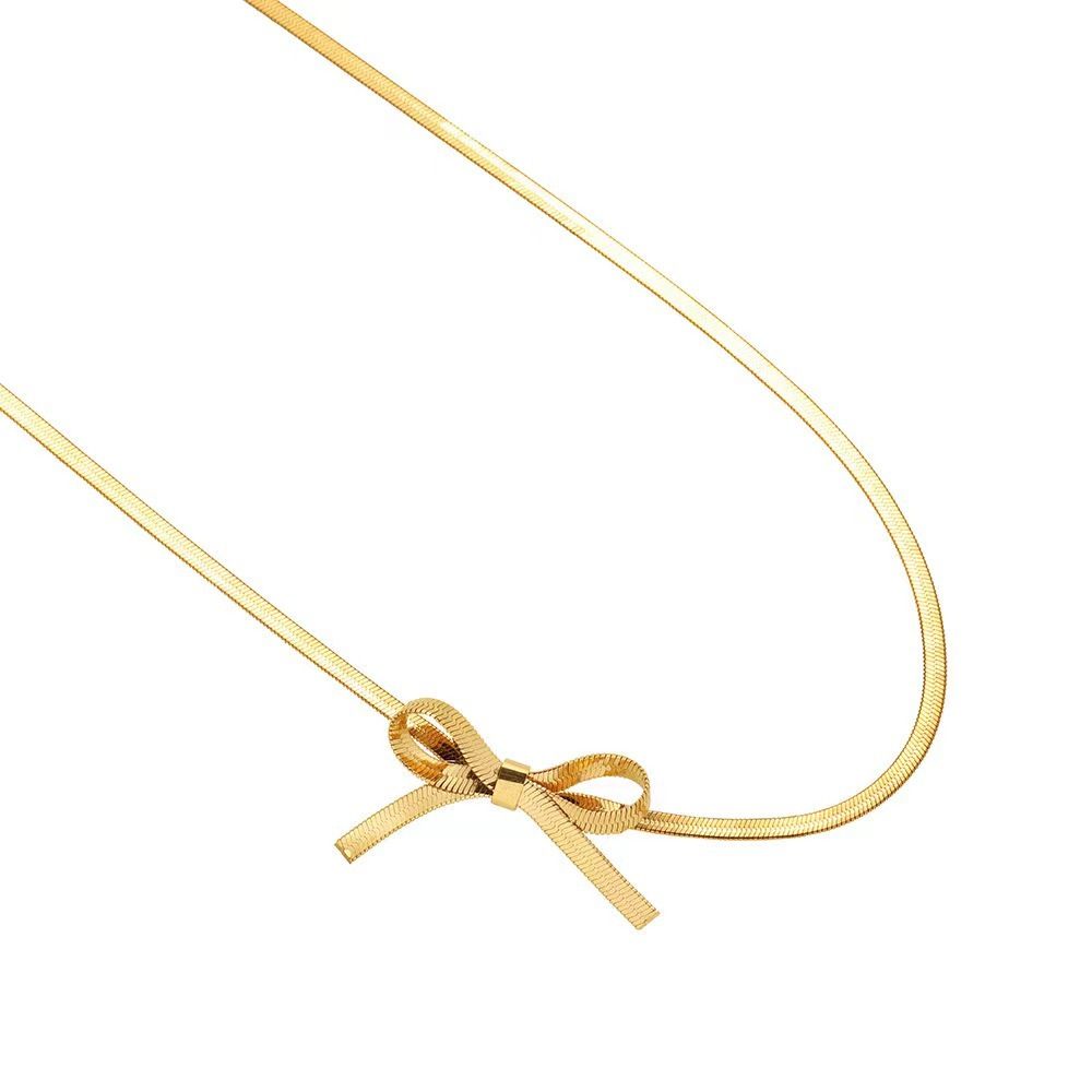 2PCS Ladies Bow Choker Necklace Pendant+Bracelet-Simple Gold Plated Bow