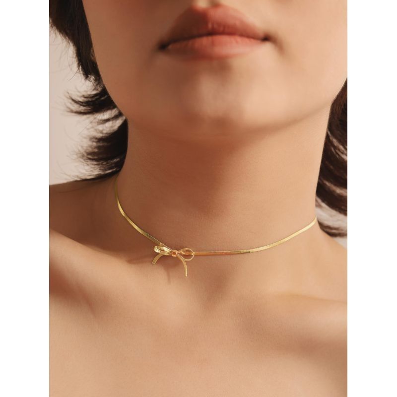 2PCS Ladies Bow Choker Necklace Pendant+Bracelet-Simple Gold Plated Bow view 5