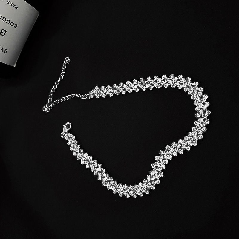 Choker Necklace Silver Diamond Row Necklaces Sparkly Crystal Necklace Chain view 3