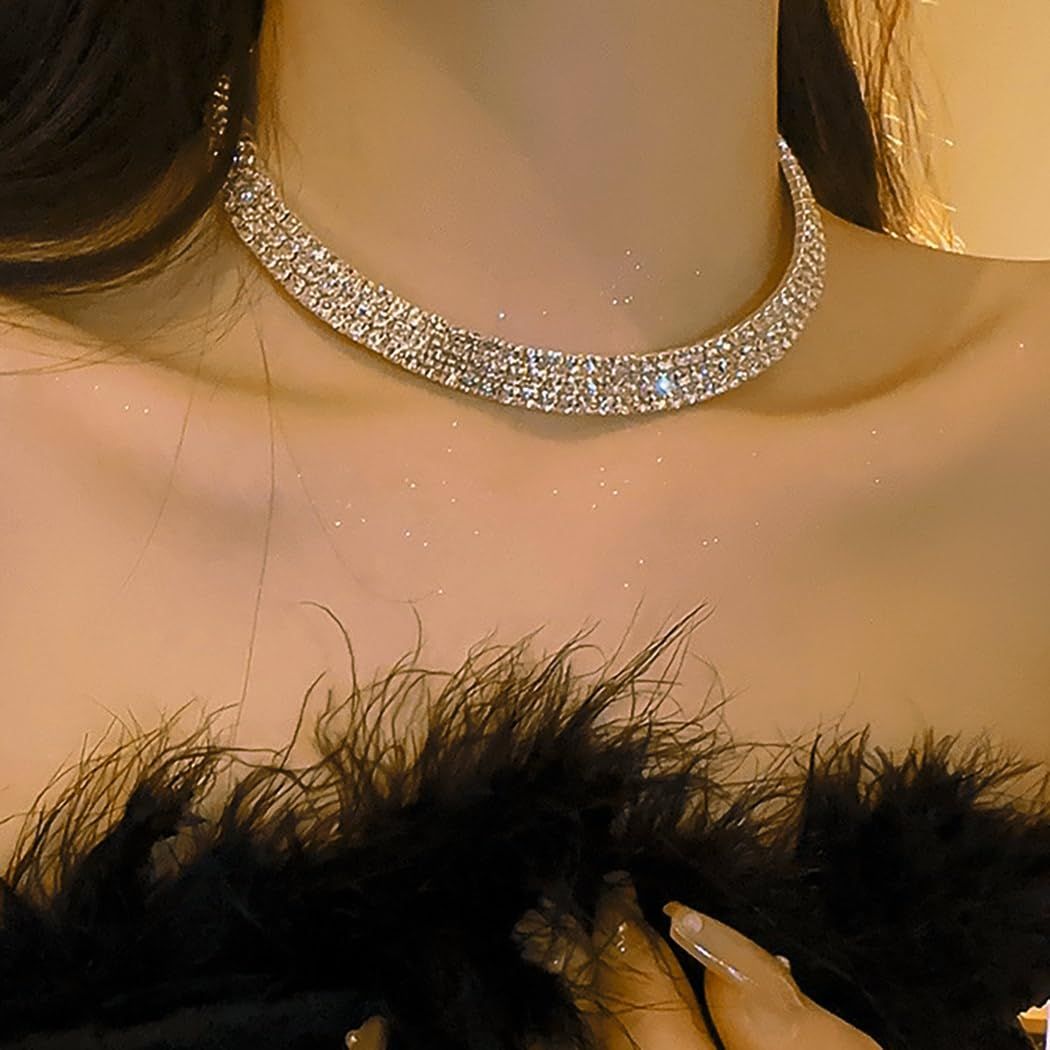Choker Necklaces Silver Diamond Choker Bracelet Crystal Earrings Necklace Set view 2