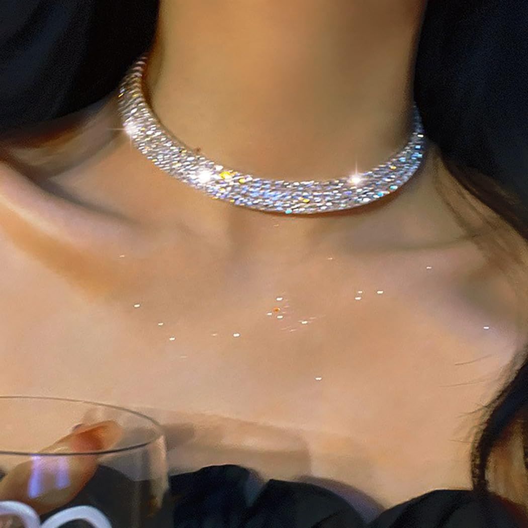 Choker Necklaces Silver Diamond Choker Bracelet Crystal Earrings Necklace Set view 3