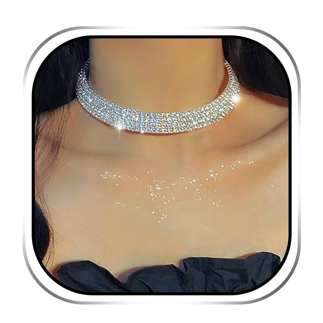 Choker Necklaces Silver Diamond Choker Bracelet Crystal Earrings Necklace Set view 4