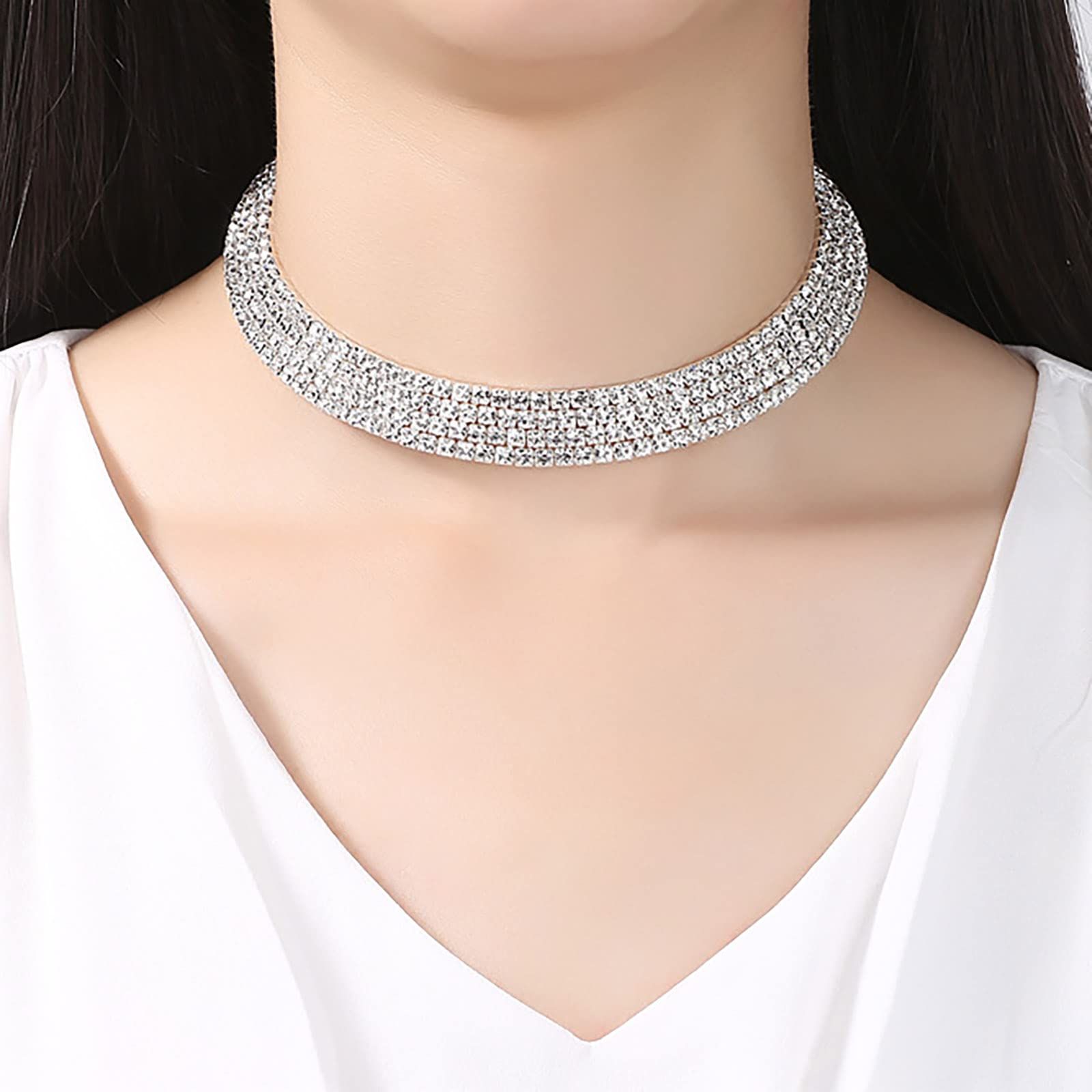 Choker Necklaces Silver Diamond Choker Bracelet Crystal Earrings Necklace Set view 5