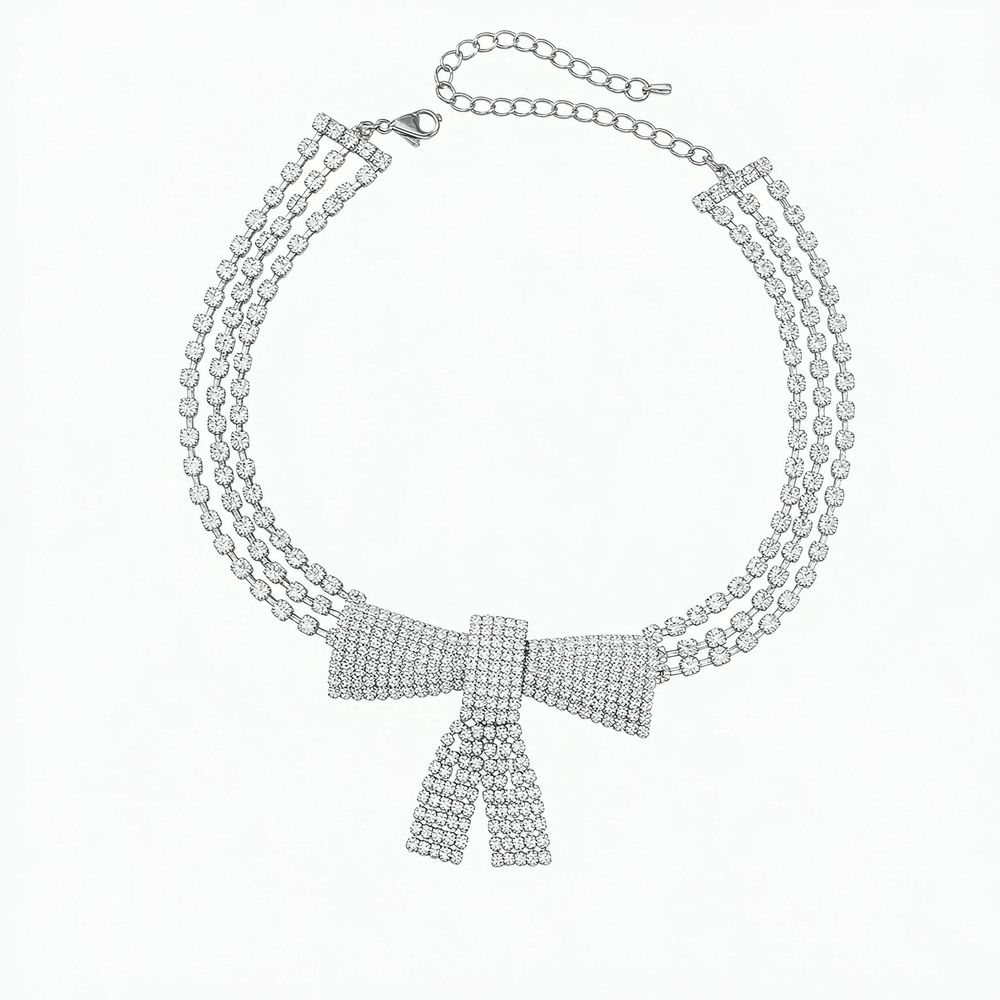bow Necklace Silver Diamond Row Necklaces Sparkly Crystal Necklace Chain
