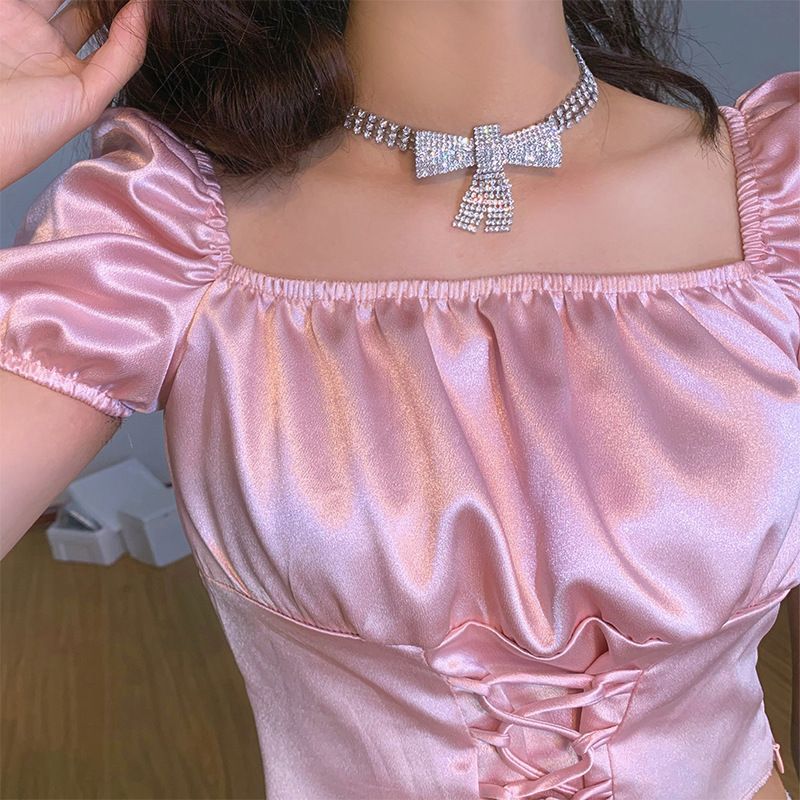bow Necklace Silver Diamond Row Necklaces Sparkly Crystal Necklace Chain view 2