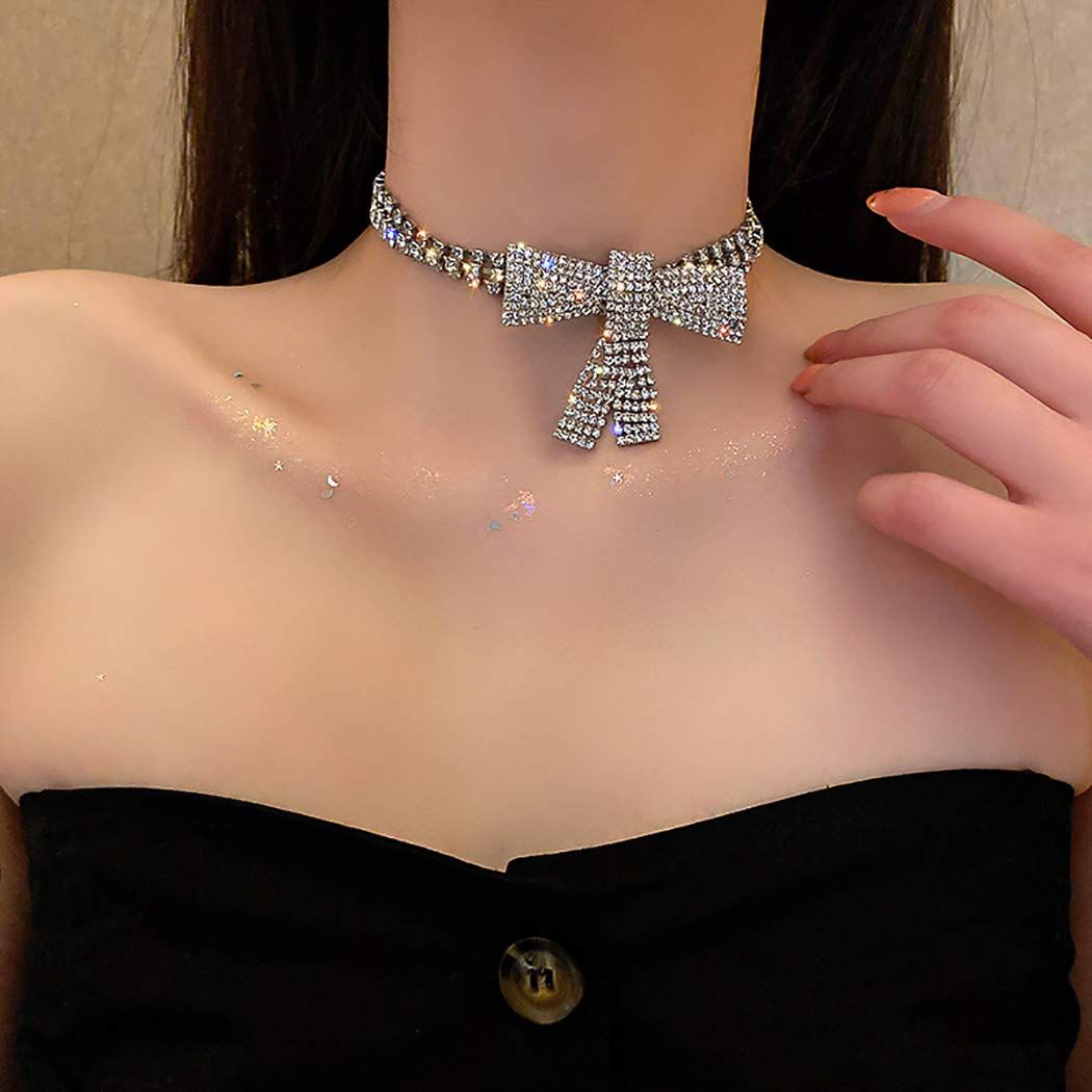 bow Necklace Silver Diamond Row Necklaces Sparkly Crystal Necklace Chain view 3