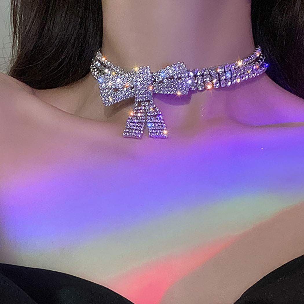 bow Necklace Silver Diamond Row Necklaces Sparkly Crystal Necklace Chain view 5