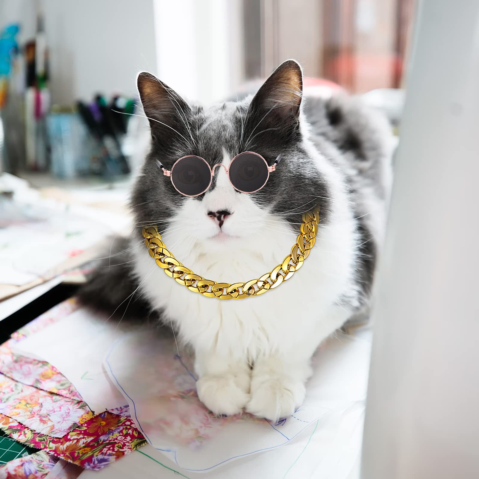 Cat Sunglasses Gold Chain Costume Decorations UV Protection Classic Retro view 3