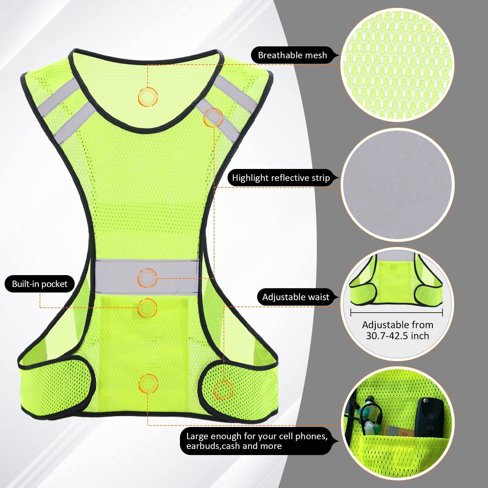 Reflective Running Vest, High Visibility Running Gear with Large Pocket Mesh view 3