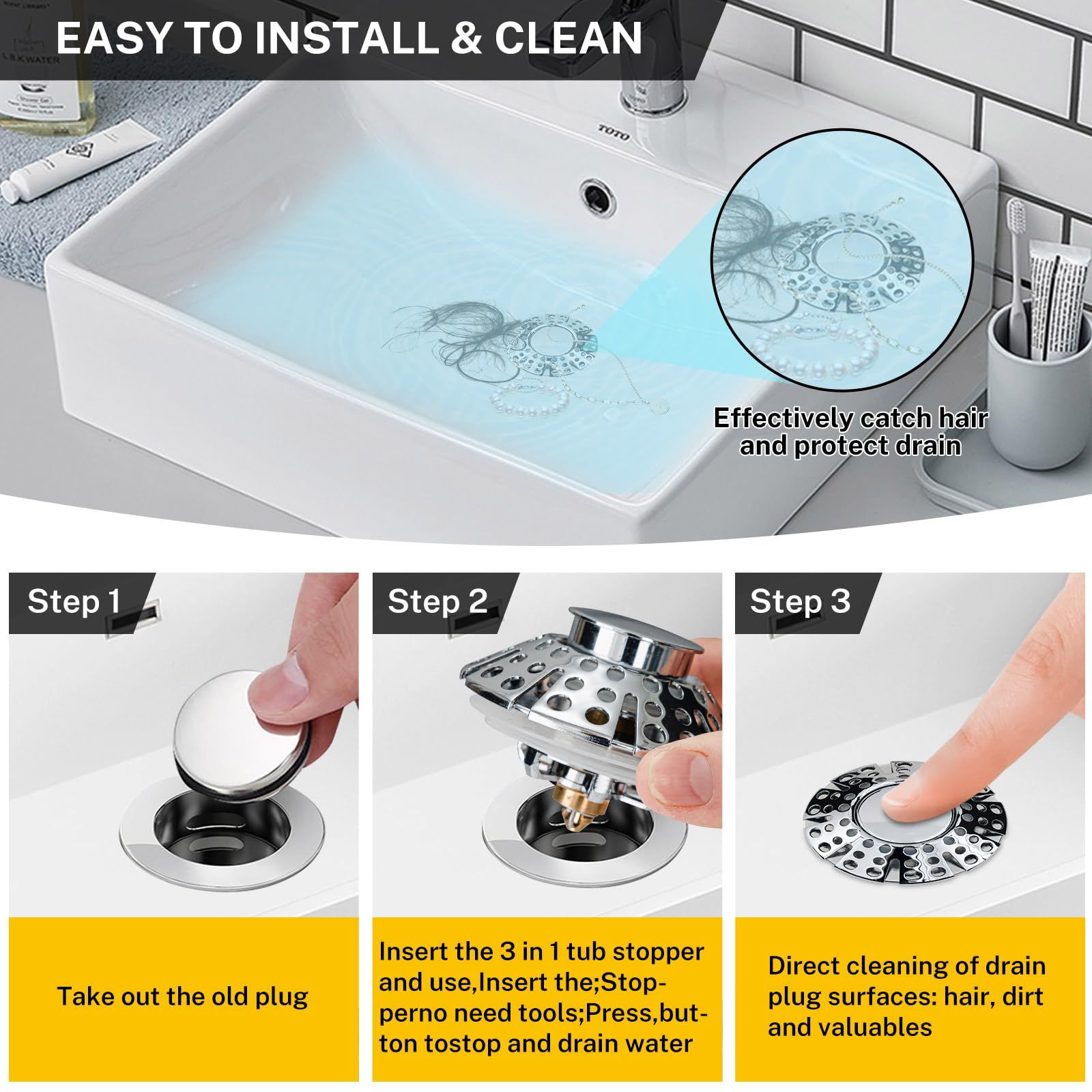 Bathroom Sink Stopper Universal 3 in 1 Pop Up Tub Drain for 1-3/8'' ~ 2'' Bath view 3
