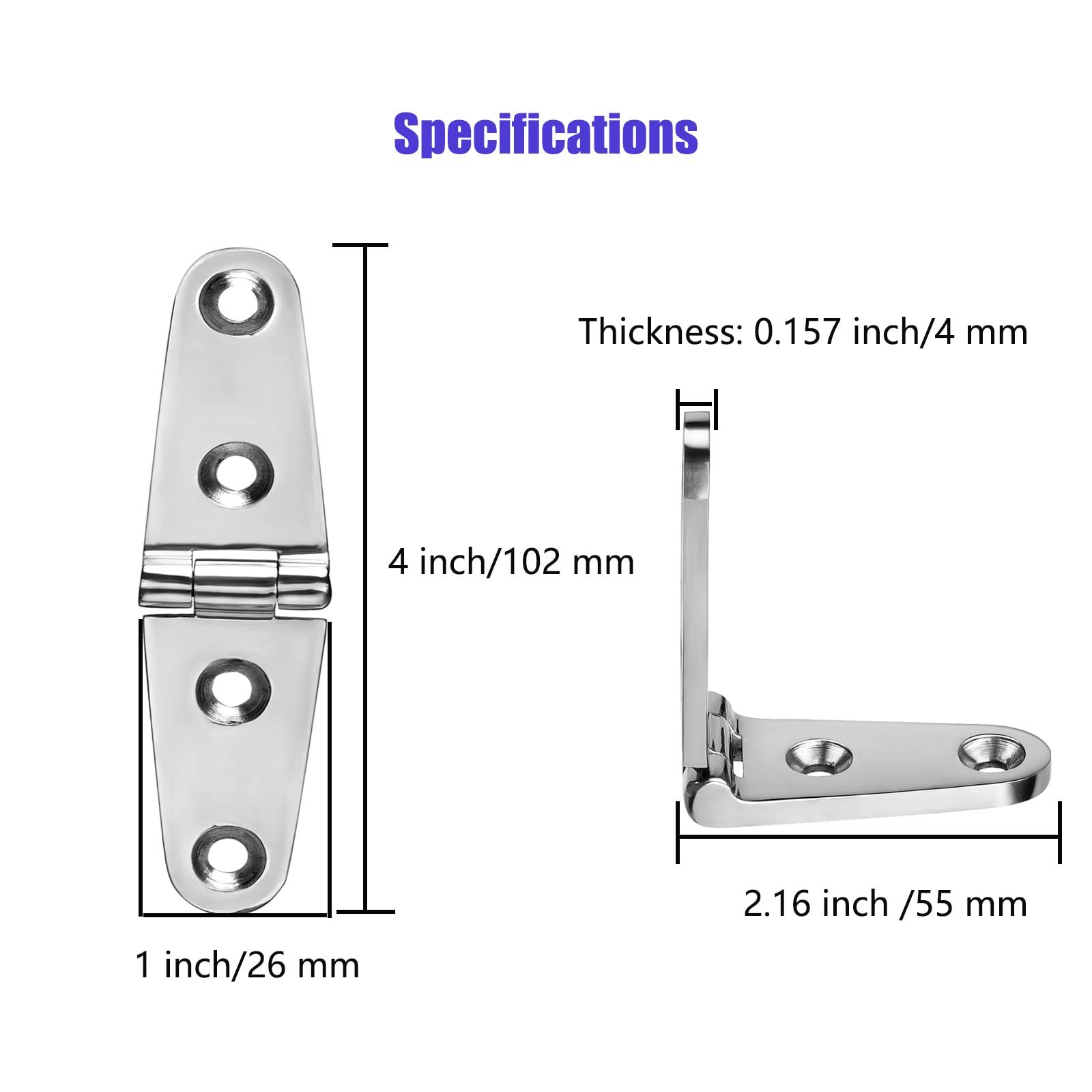 Boat Strap Hinges, Marine Hinges, 4 inch x 1 inch (102mm X 26 mm), Stainless view 2