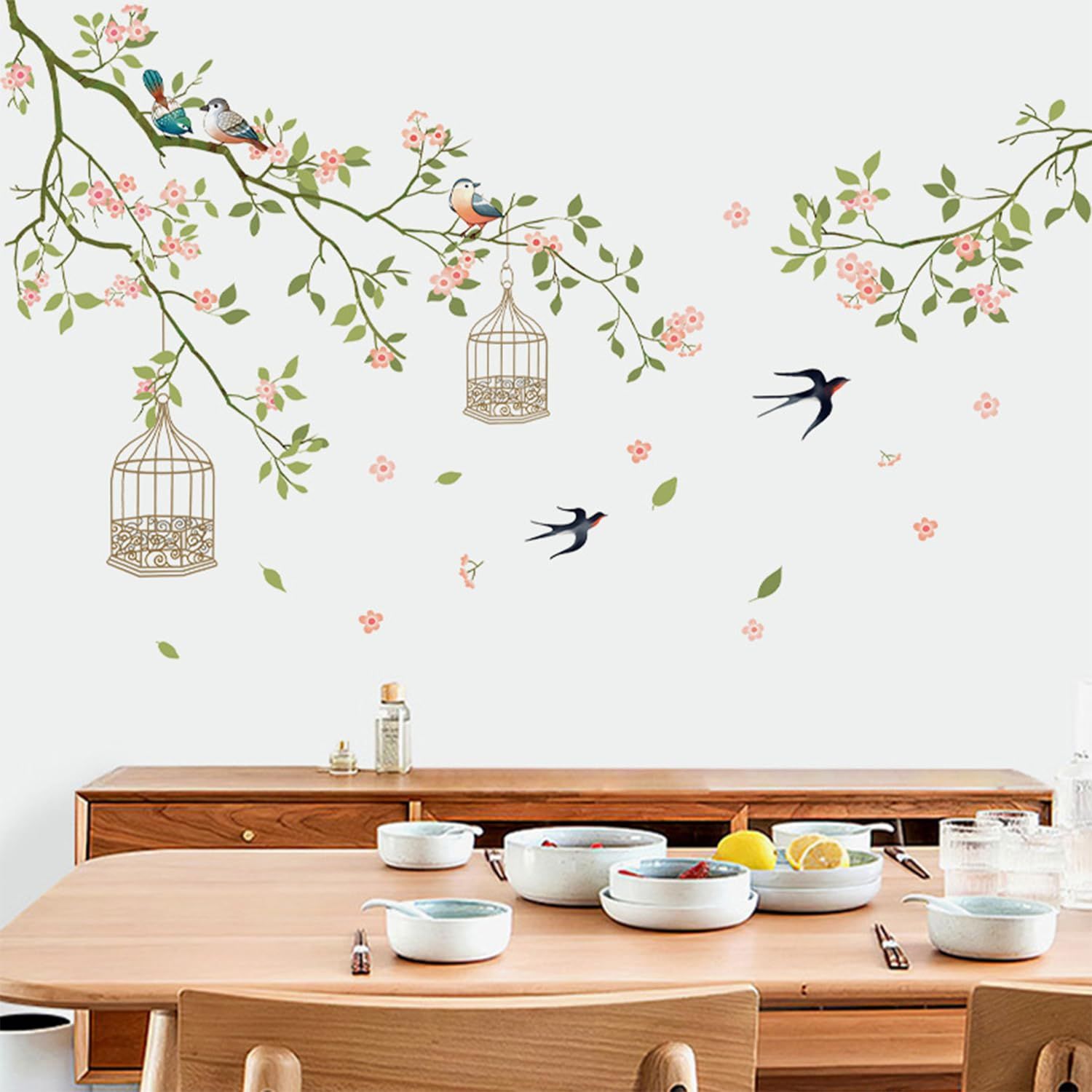 Wall Cherry Blossom Decals Peel and Stick Flower Bird Tree Wall Stickers Large view 2