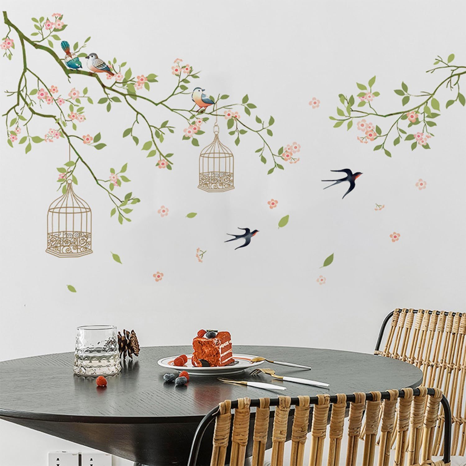 Wall Cherry Blossom Decals Peel and Stick Flower Bird Tree Wall Stickers Large view 4