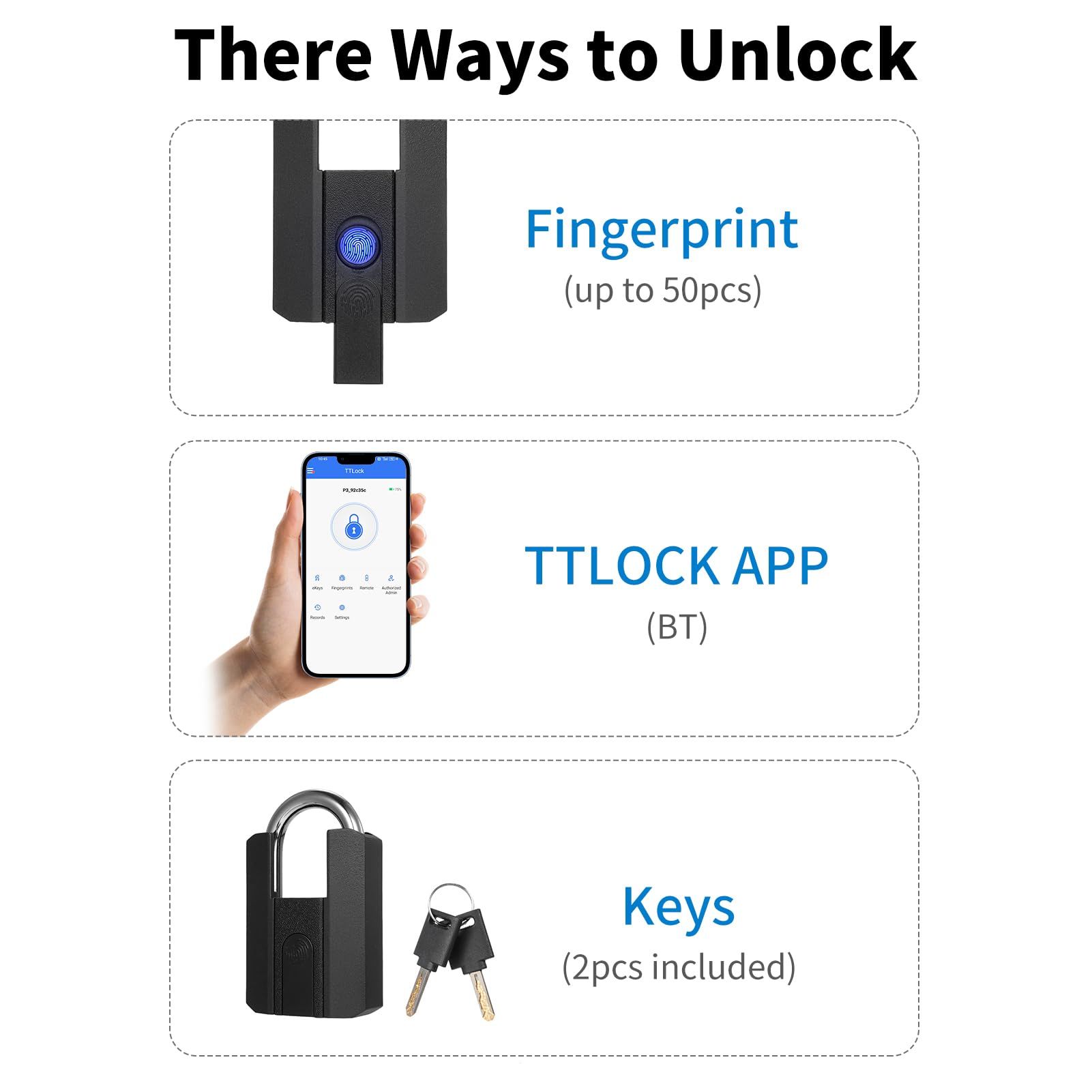 Heavy Duty Fingerprint Padlock with APP Waterproof Smart Lock with Key for view 5