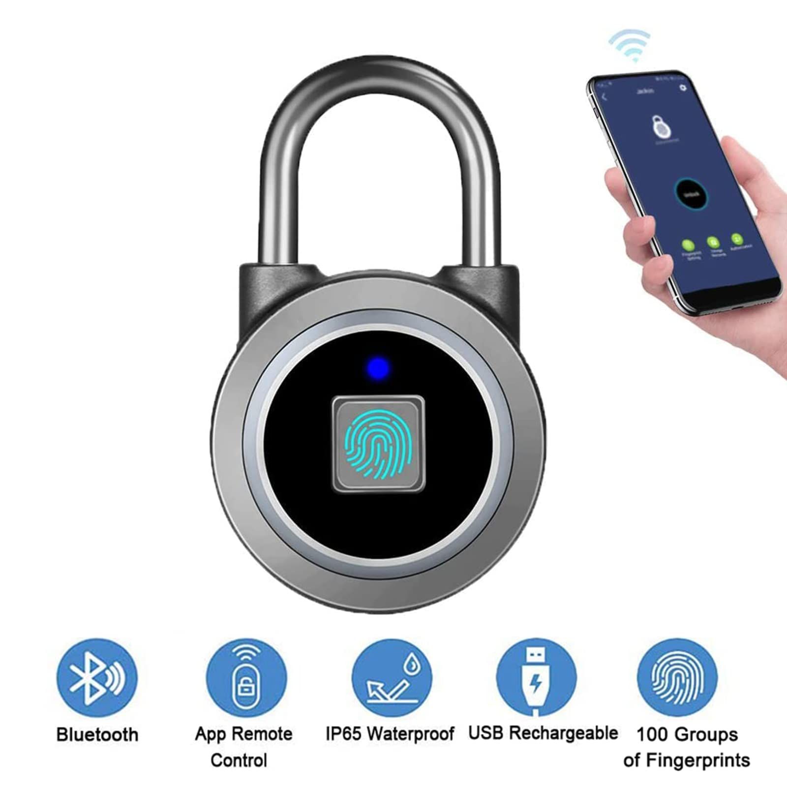 Fingerprint Padlock, Bluetooth Lock, Mobile APP, Smart Padlock with Keyless view 2