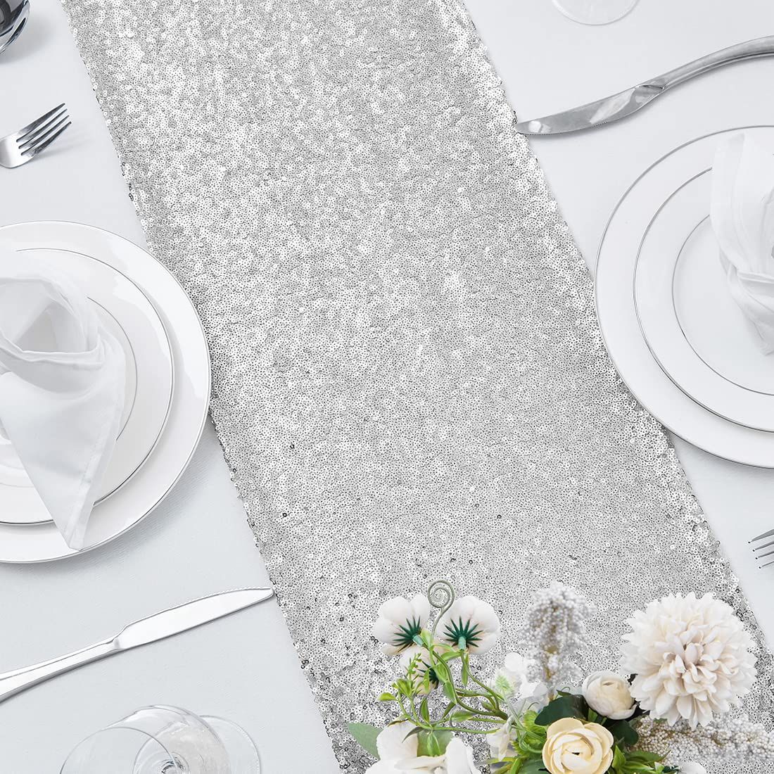 2 Packs 12 x 72 inches Silver Sequin Table Runner view 4