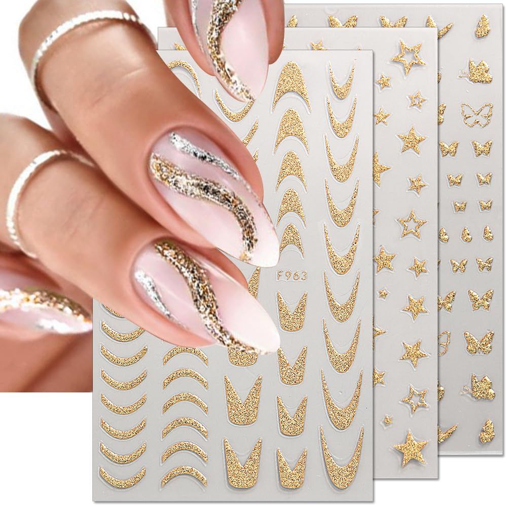 8 Sheets Glitter Gold French Nail Sticker 3D Heart Butterfly Star Nail view 2