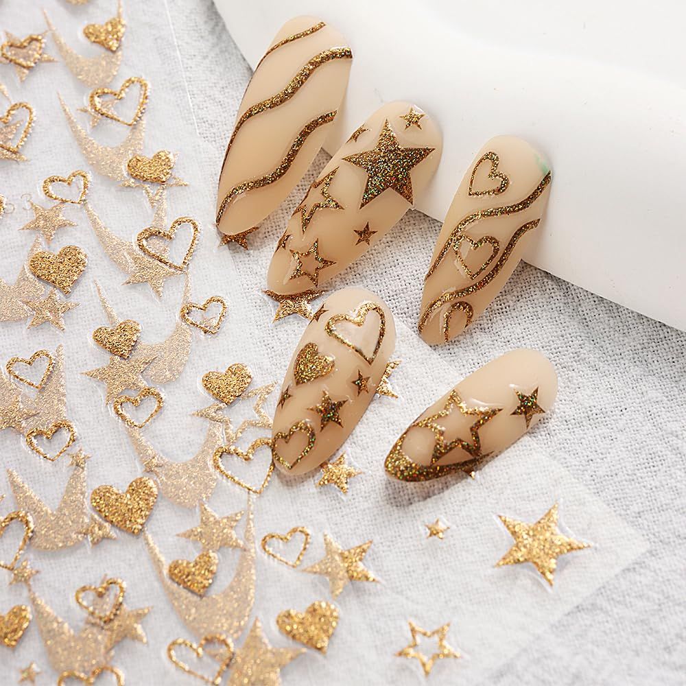 8 Sheets Glitter Gold French Nail Sticker 3D Heart Butterfly Star Nail view 3