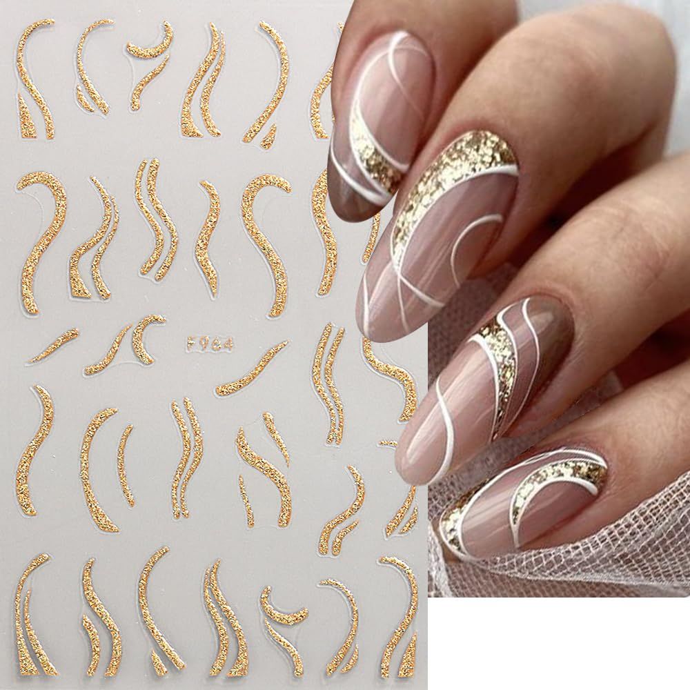 8 Sheets Glitter Gold French Nail Sticker 3D Heart Butterfly Star Nail view 4