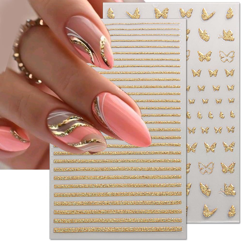 8 Sheets Glitter Gold French Nail Sticker 3D Heart Butterfly Star Nail view 5
