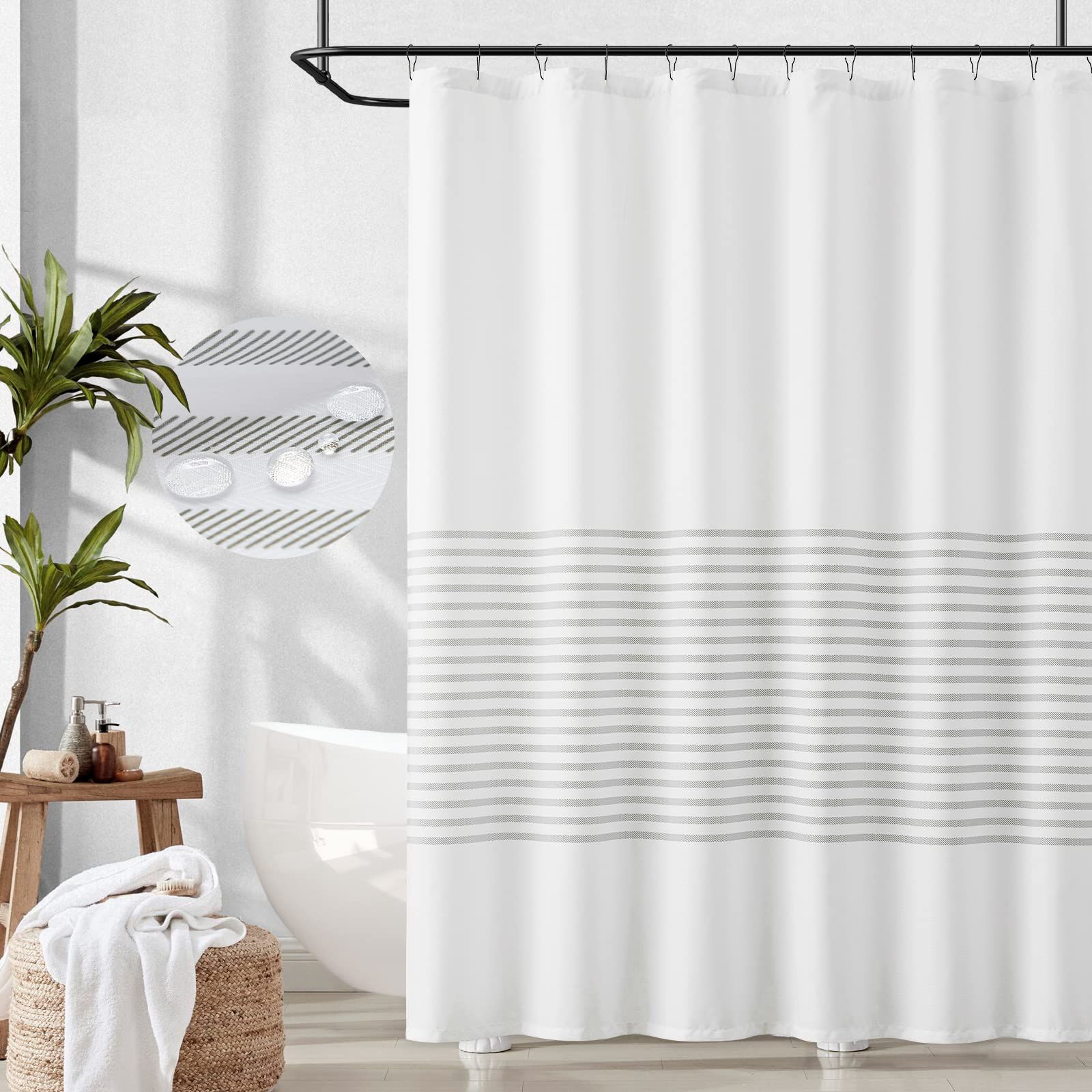 White Shower Curtain with Grey Stripes Fabric Shower Curtain for Bathroom