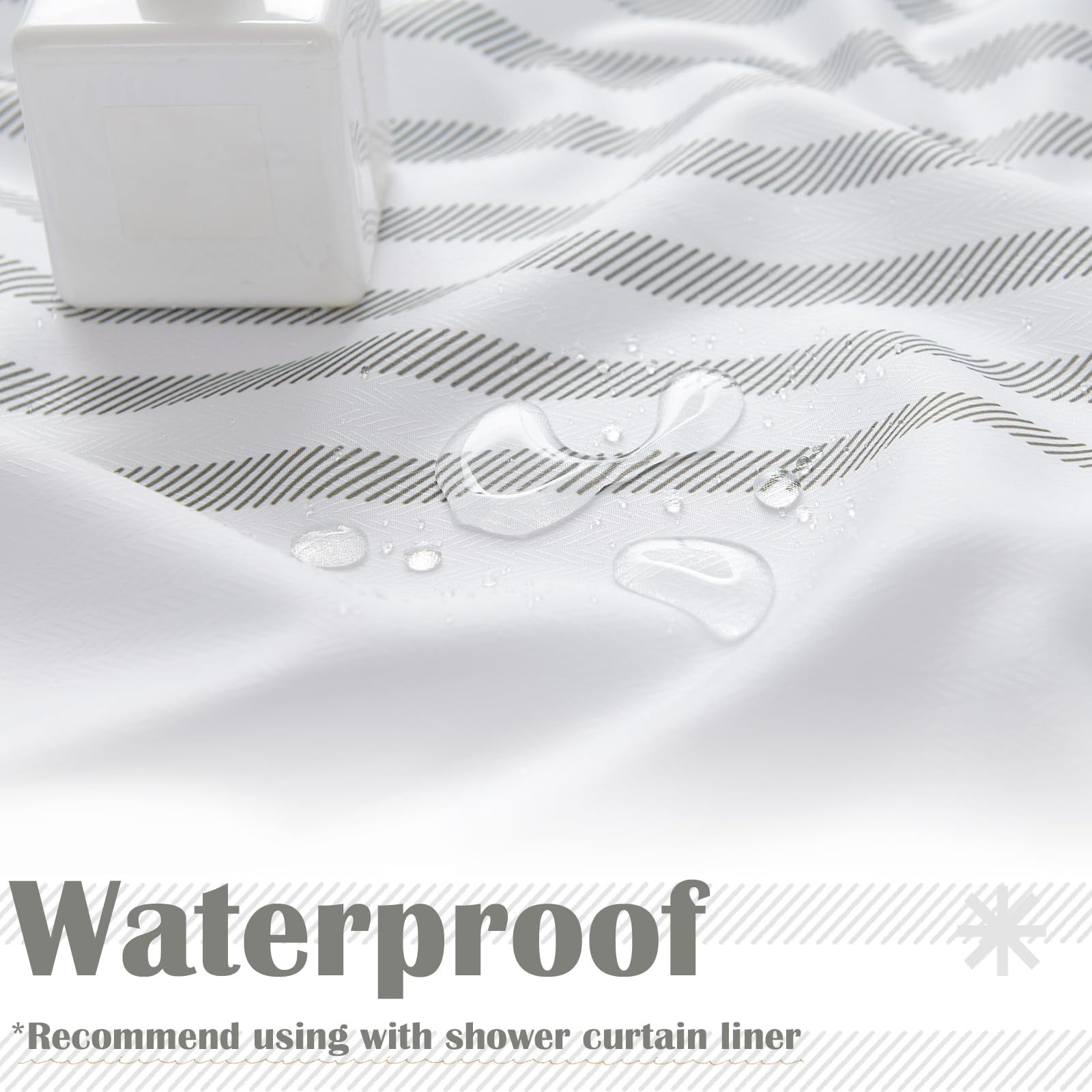 White Shower Curtain with Grey Stripes Fabric Shower Curtain for Bathroom view 3