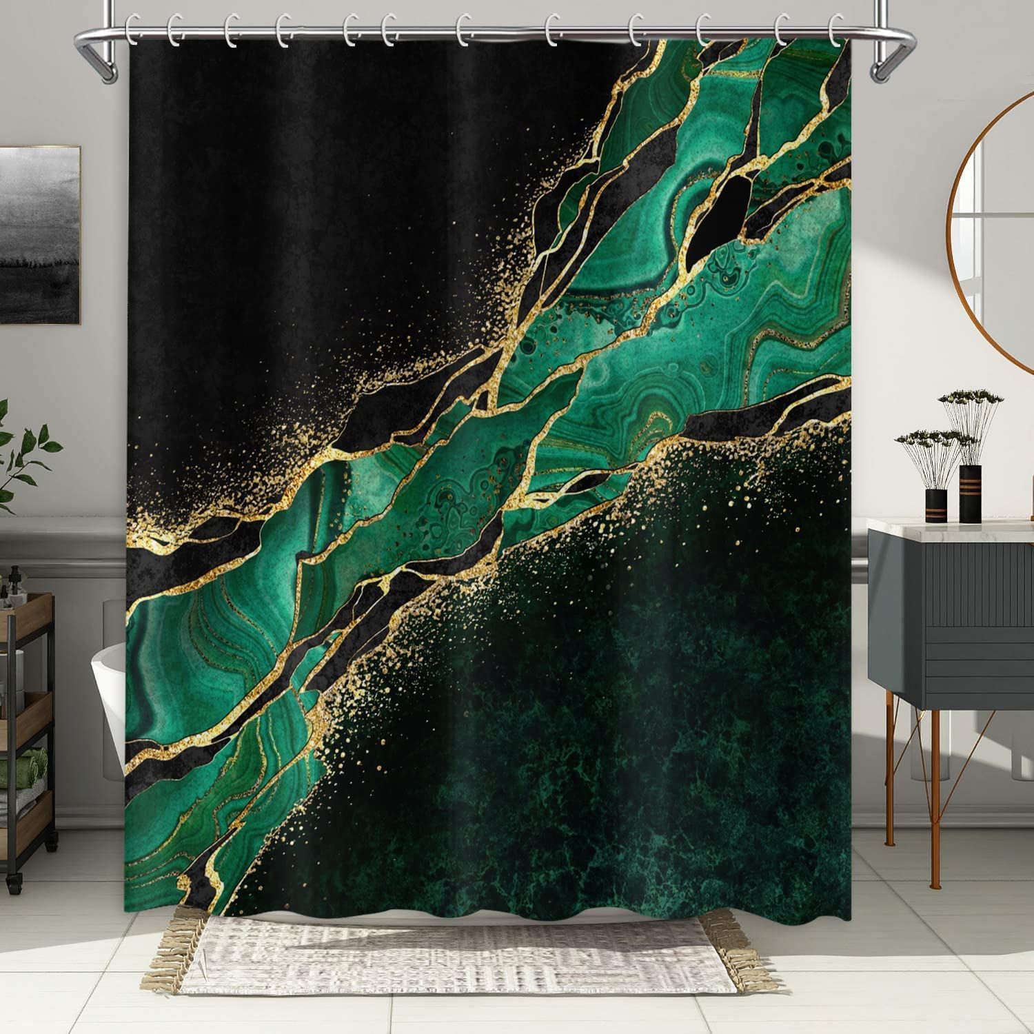 Black Green Marble Shower Curtain view 2