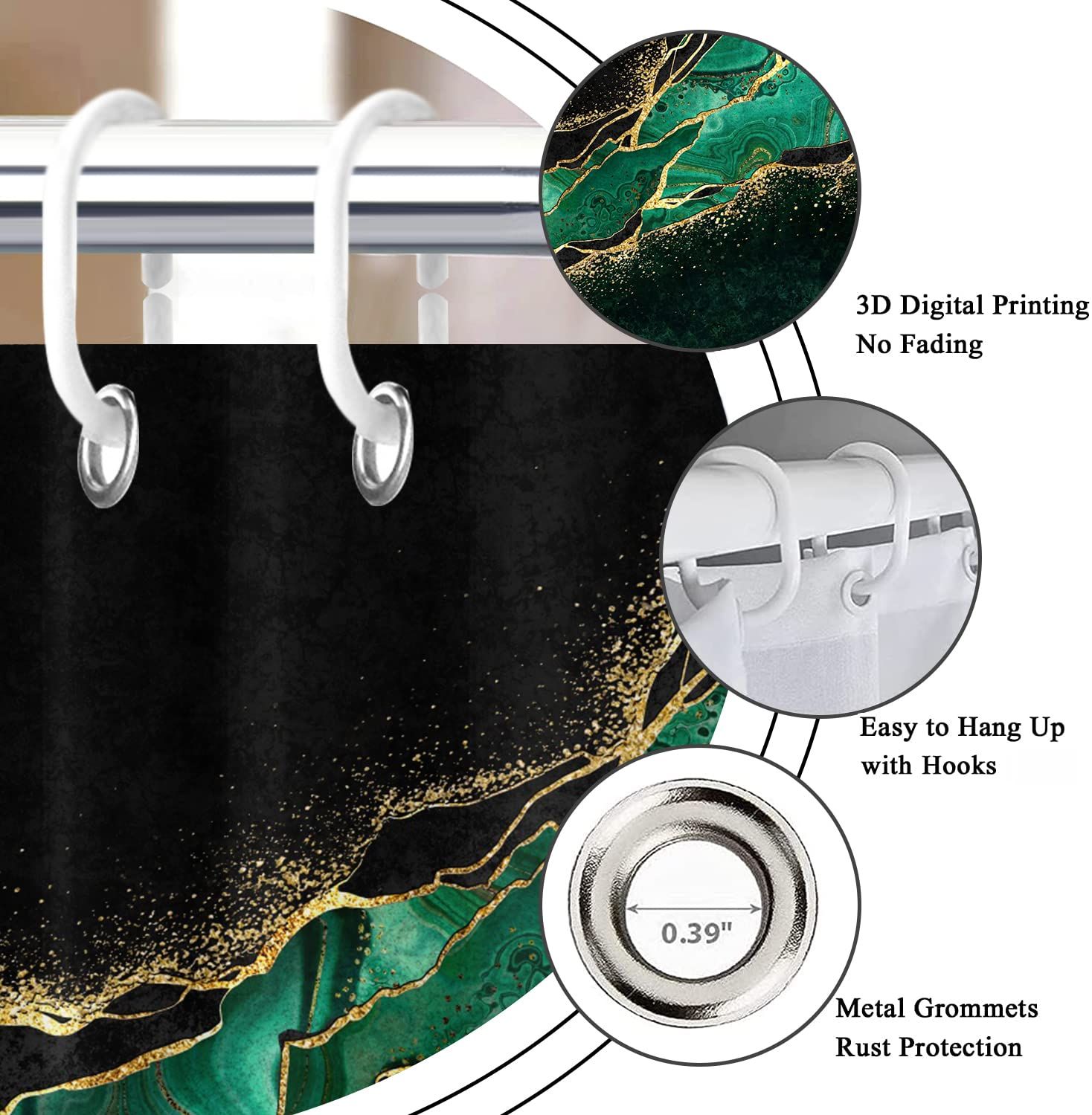 Black Green Marble Shower Curtain view 5