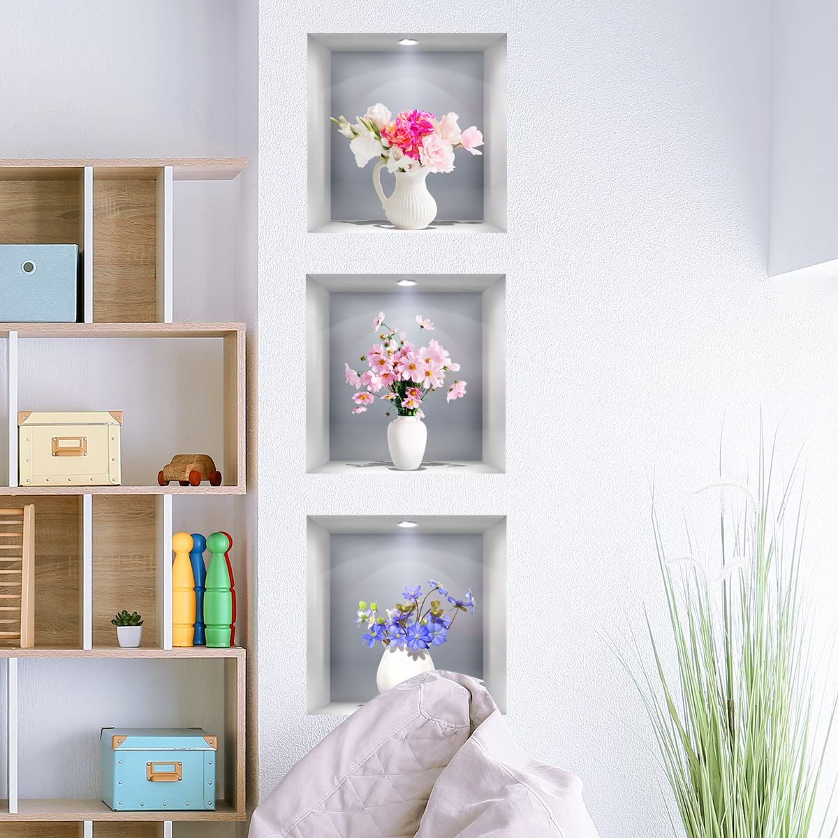 3D Vase Wall Stickers White Vases Daisy Flower Wall Decal DIY Rose Floral Wall view 2