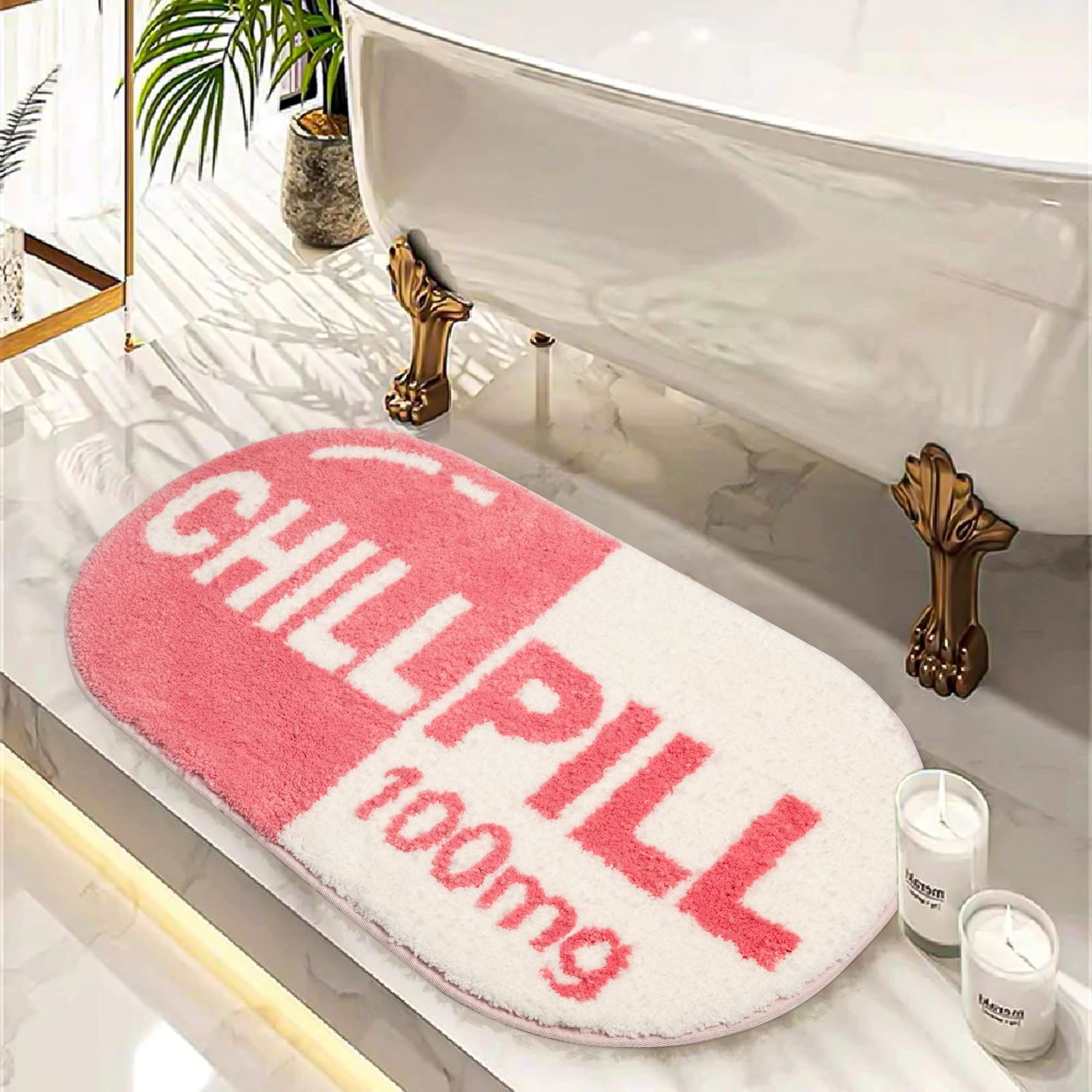 Funny Cute Chill Pill Bath Mat Small Pink Bathroom Rugs Bathroom Decor view 2