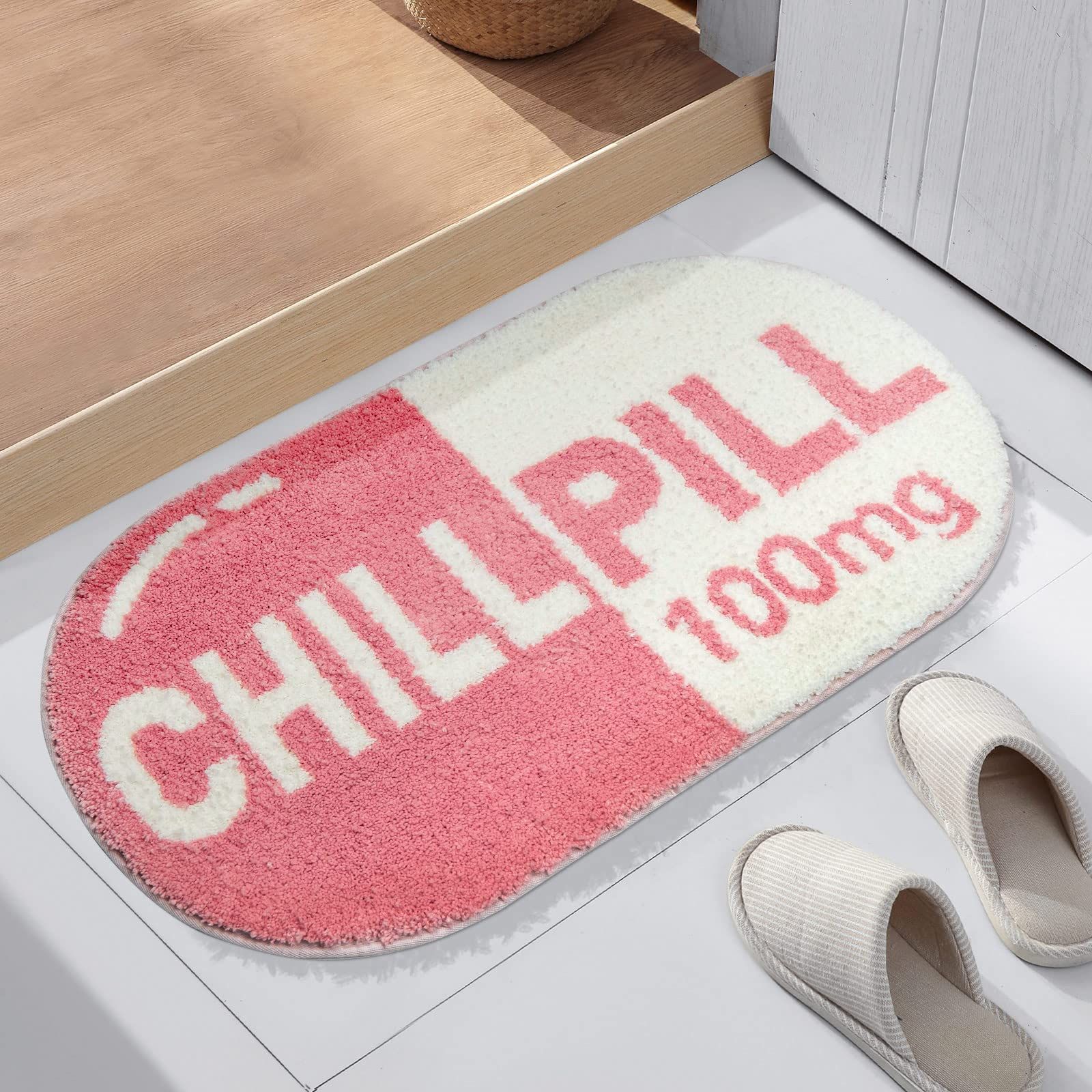 Funny Cute Chill Pill Bath Mat Small Pink Bathroom Rugs Bathroom Decor view 4