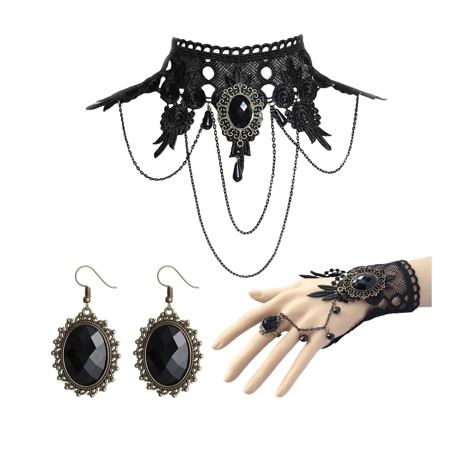 Outfit for Women Gothic Black Choker Necklace Bracelet Set Halloween Goth