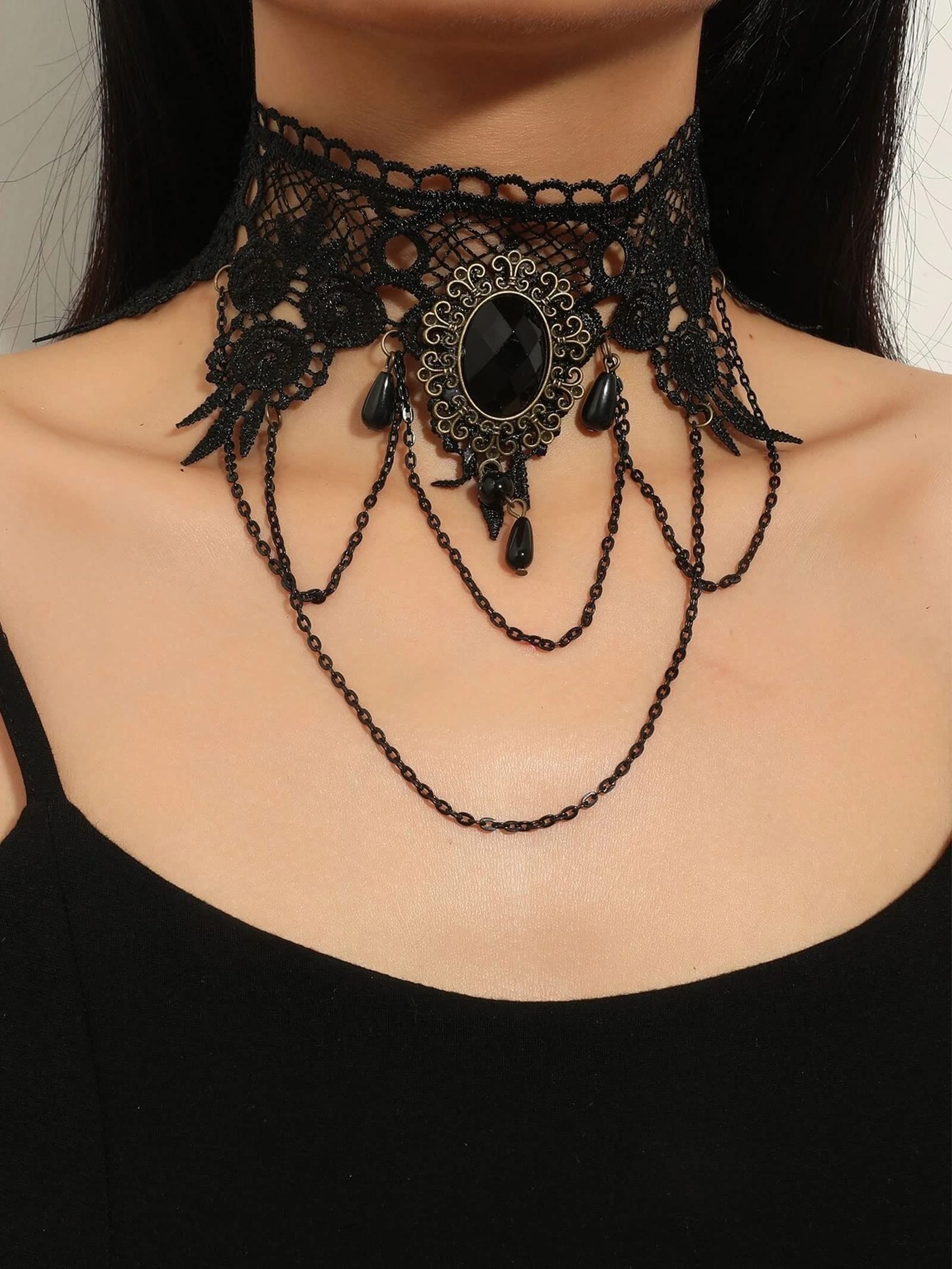 Outfit for Women Gothic Black Choker Necklace Bracelet Set Halloween Goth view 2