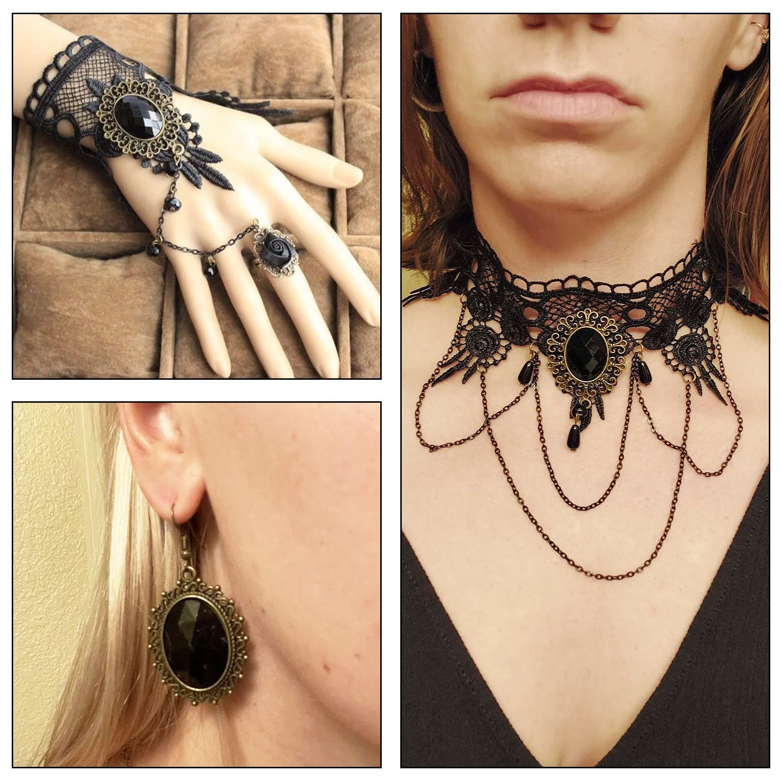 Outfit for Women Gothic Black Choker Necklace Bracelet Set Halloween Goth view 5