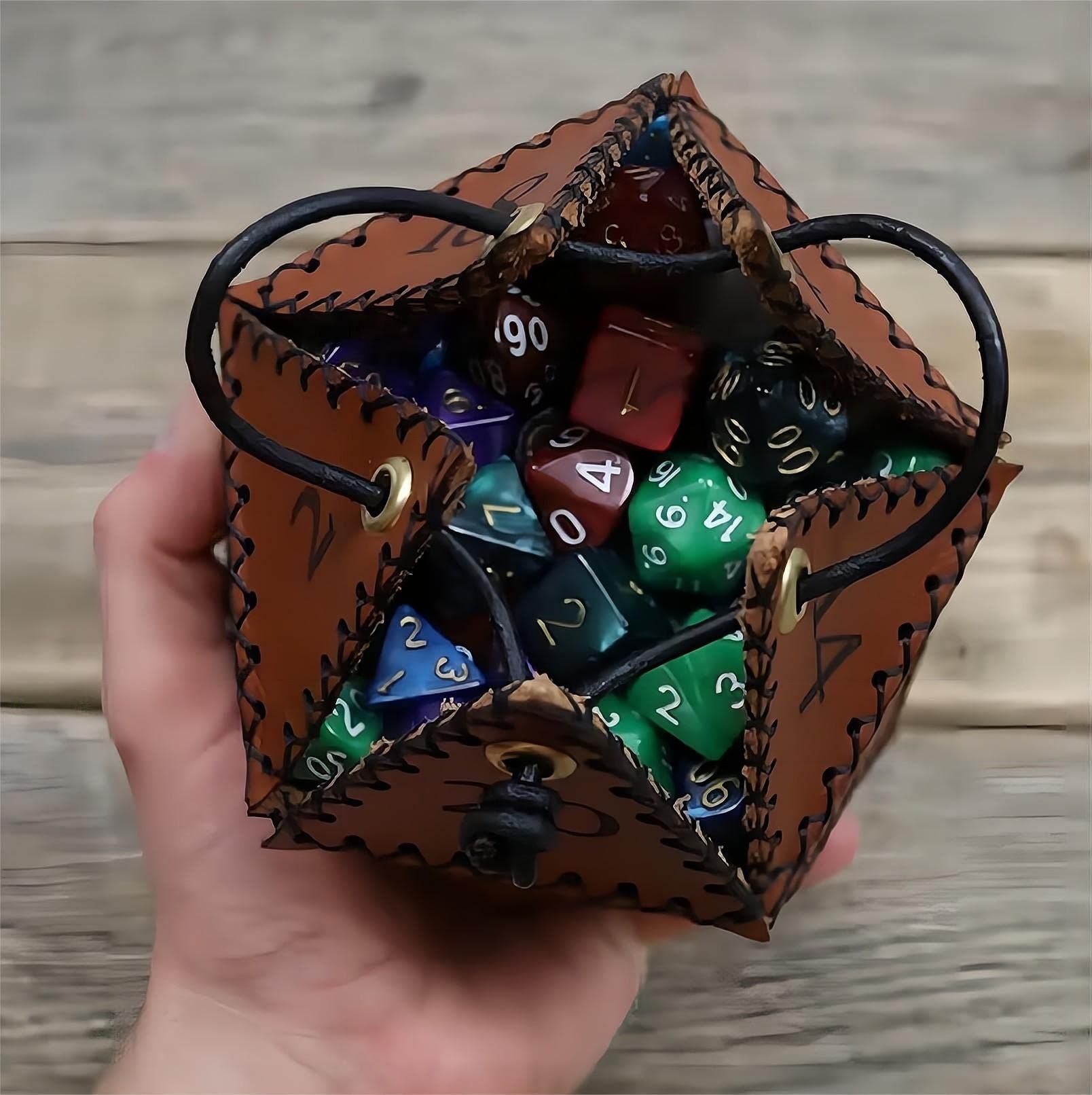 Leather D20 Dice Bag, Polyhedral Dice Pouch Portable Drawstring Bag for view 2
