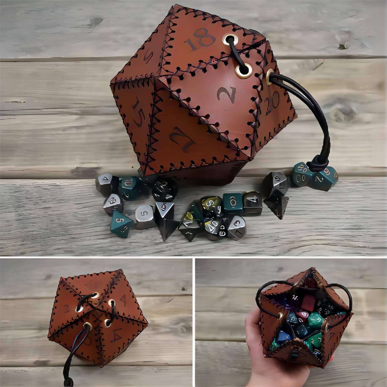 Leather D20 Dice Bag, Polyhedral Dice Pouch Portable Drawstring Bag for view 5