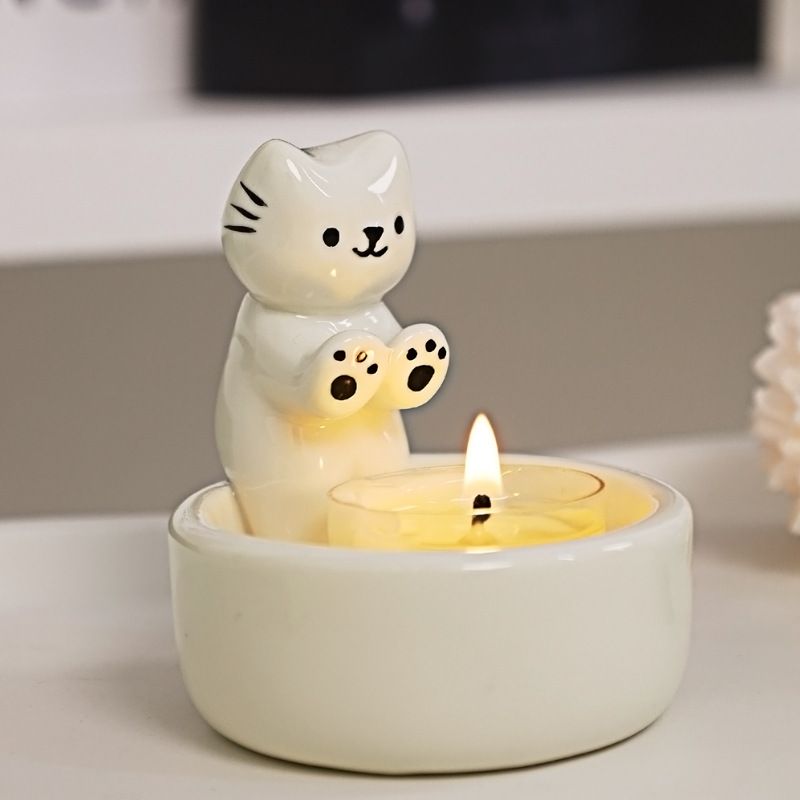 Kitten Candle Holder, Handmade Ceramic Candlestick,Cartoon Kitty Warming Its