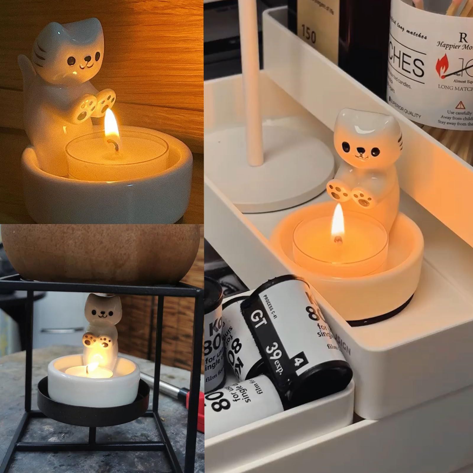 Kitten Candle Holder, Handmade Ceramic Candlestick,Cartoon Kitty Warming Its view 3