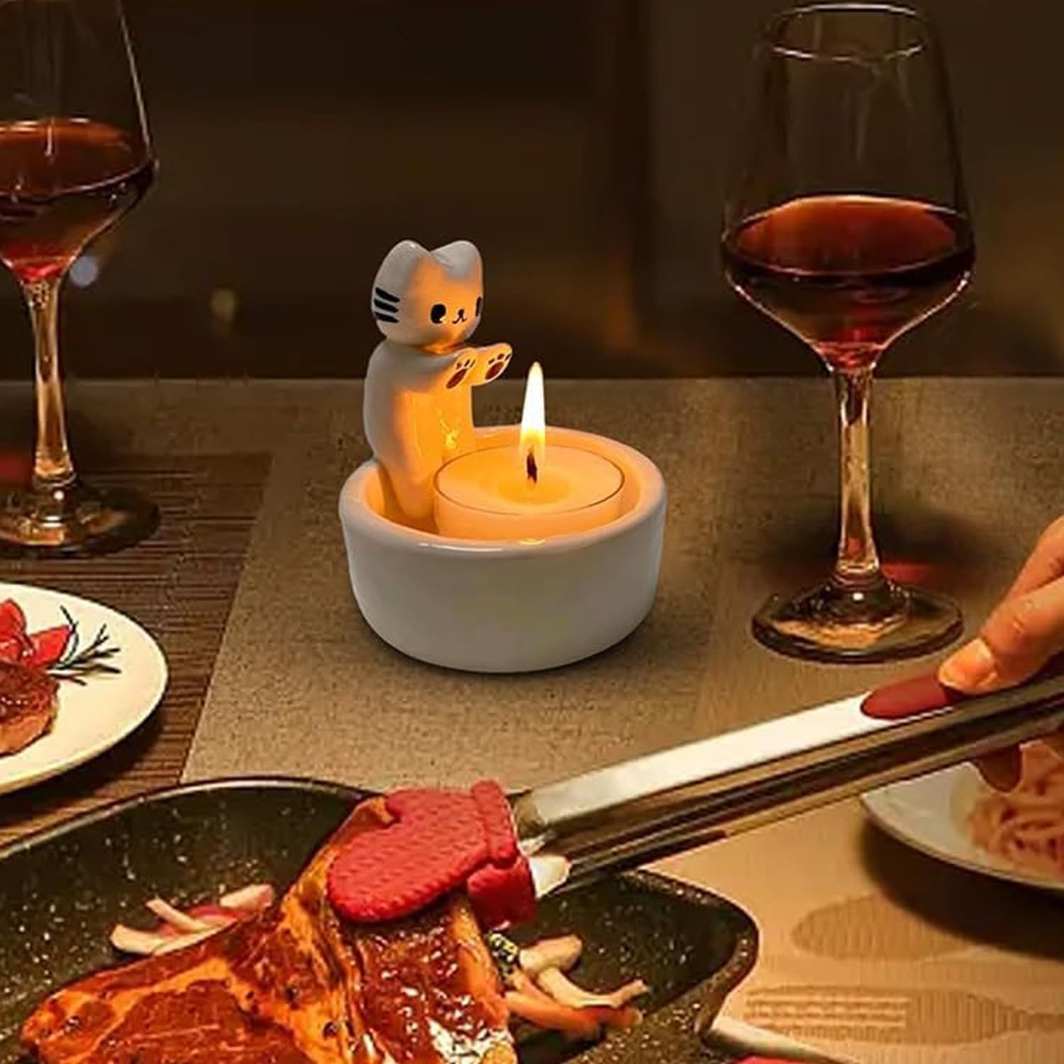 Kitten Candle Holder, Handmade Ceramic Candlestick,Cartoon Kitty Warming Its view 4