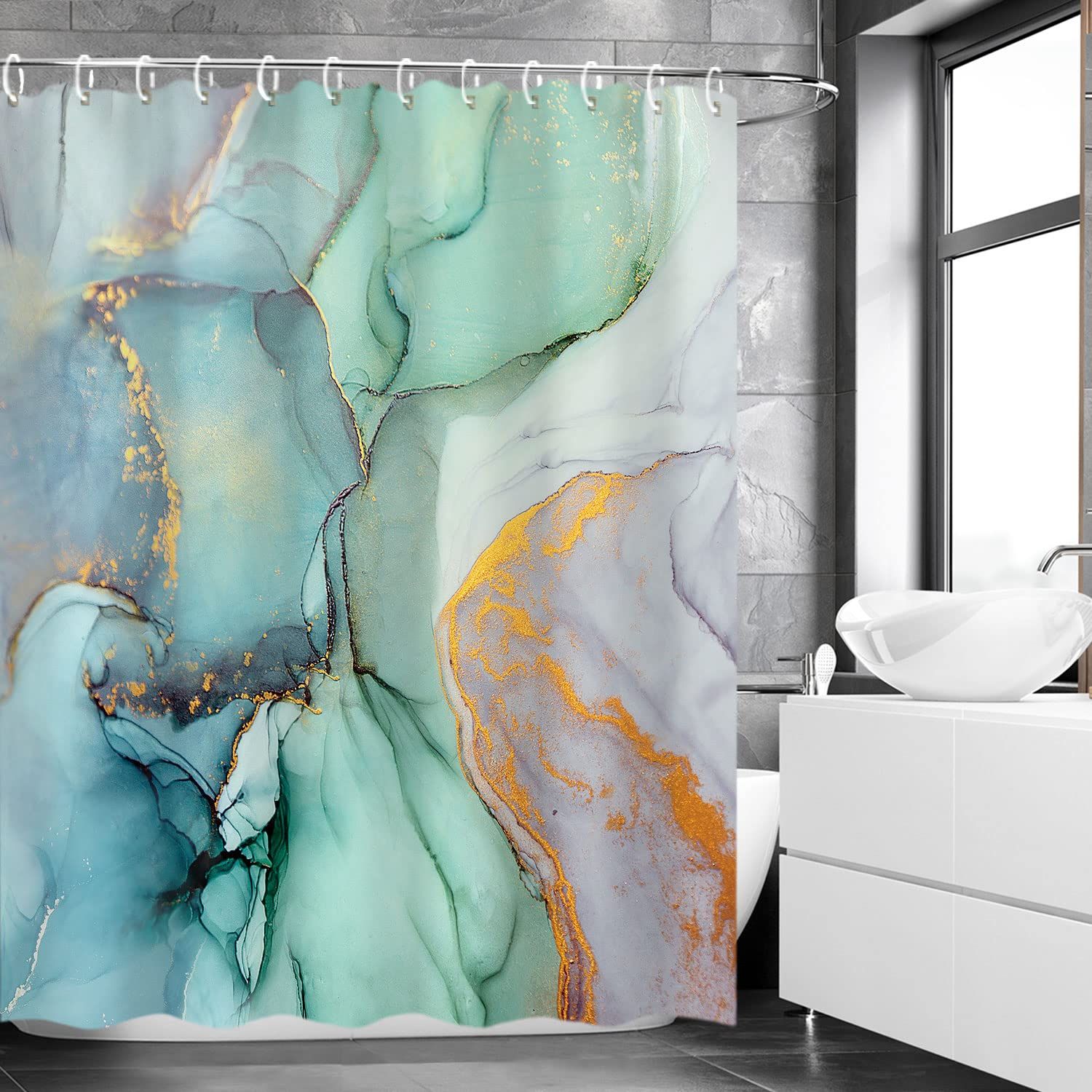 Green Shower Curtain, Marble Shower Curtains Set with 12 Hooks, Green Marble