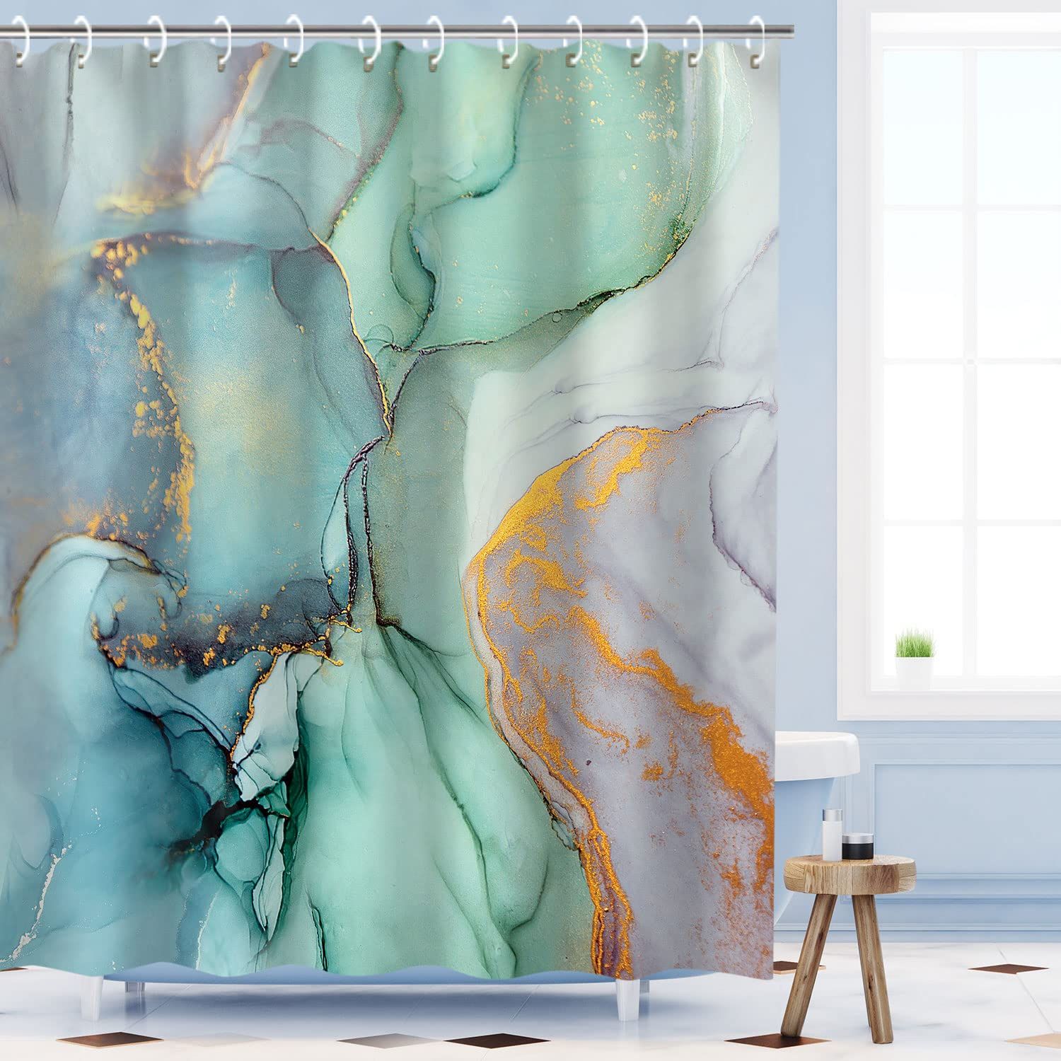Green Shower Curtain, Marble Shower Curtains Set with 12 Hooks, Green Marble view 2
