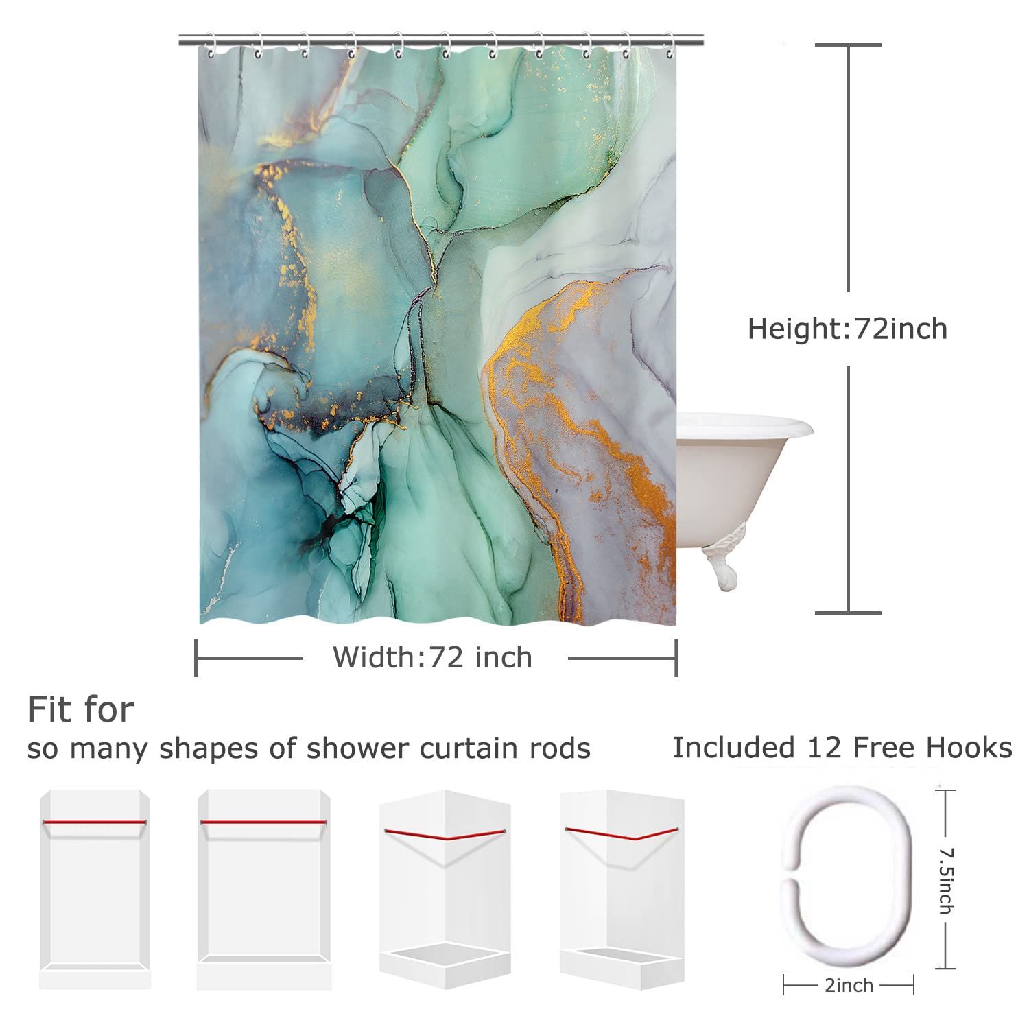 Green Shower Curtain, Marble Shower Curtains Set with 12 Hooks, Green Marble view 4