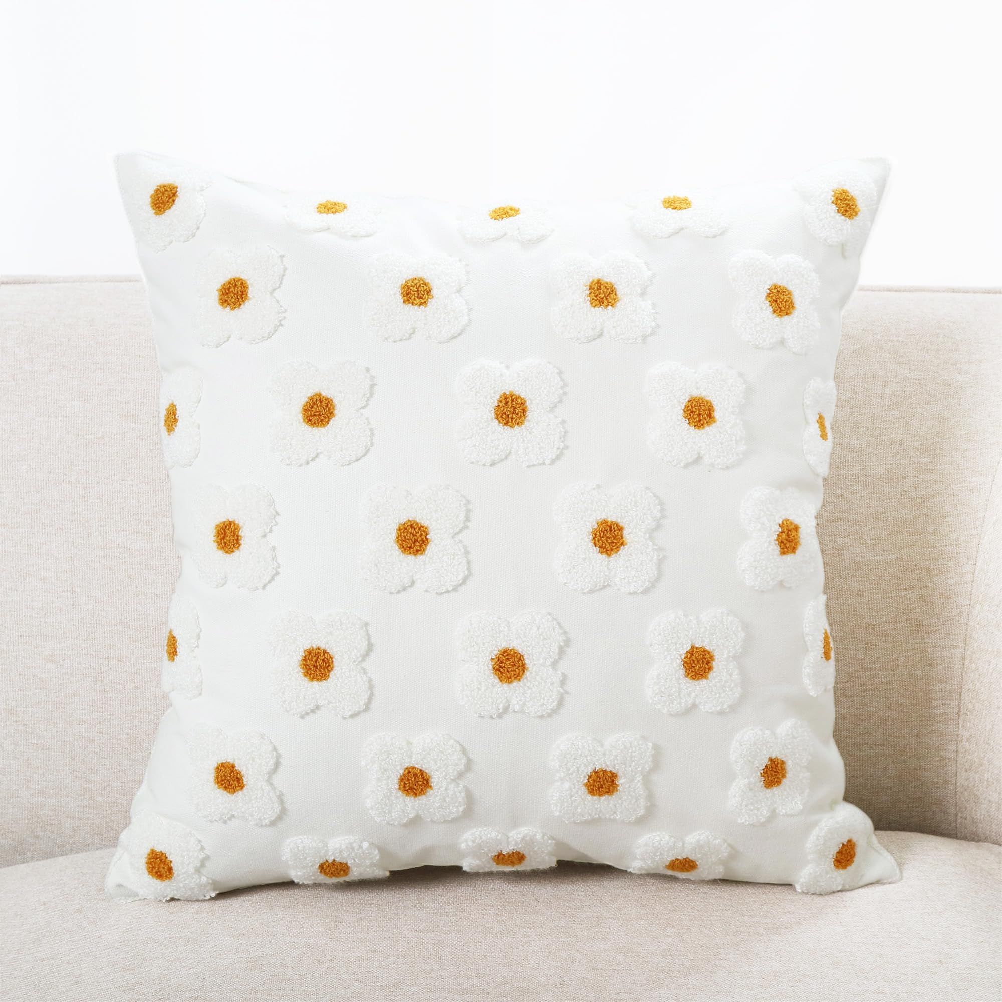 Embroidery Throw Pillow Cover 18x18 Beige Floral Design Home Decor Loop view 2