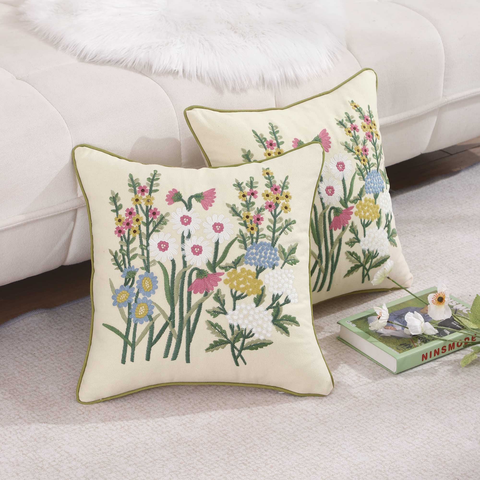 Embroidery Floral Pattern Throw Pillow Covers 18x18 Inches view 2