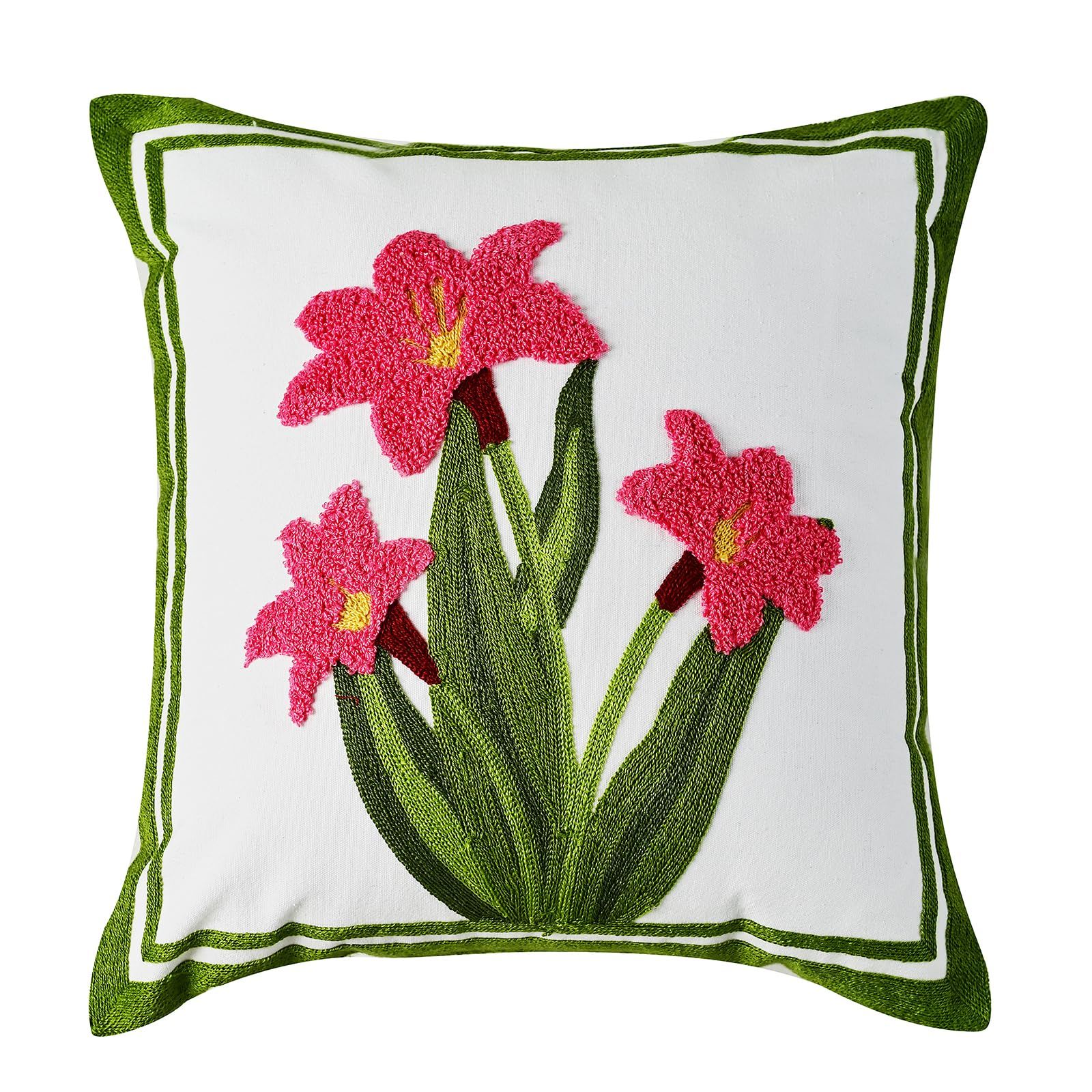 Pink Daffodil Flower Embroidered Throw Pillow Covers