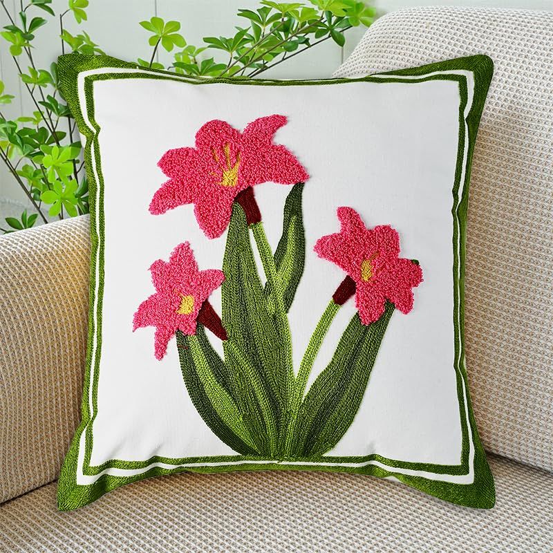 Pink Daffodil Flower Embroidered Throw Pillow Covers view 5